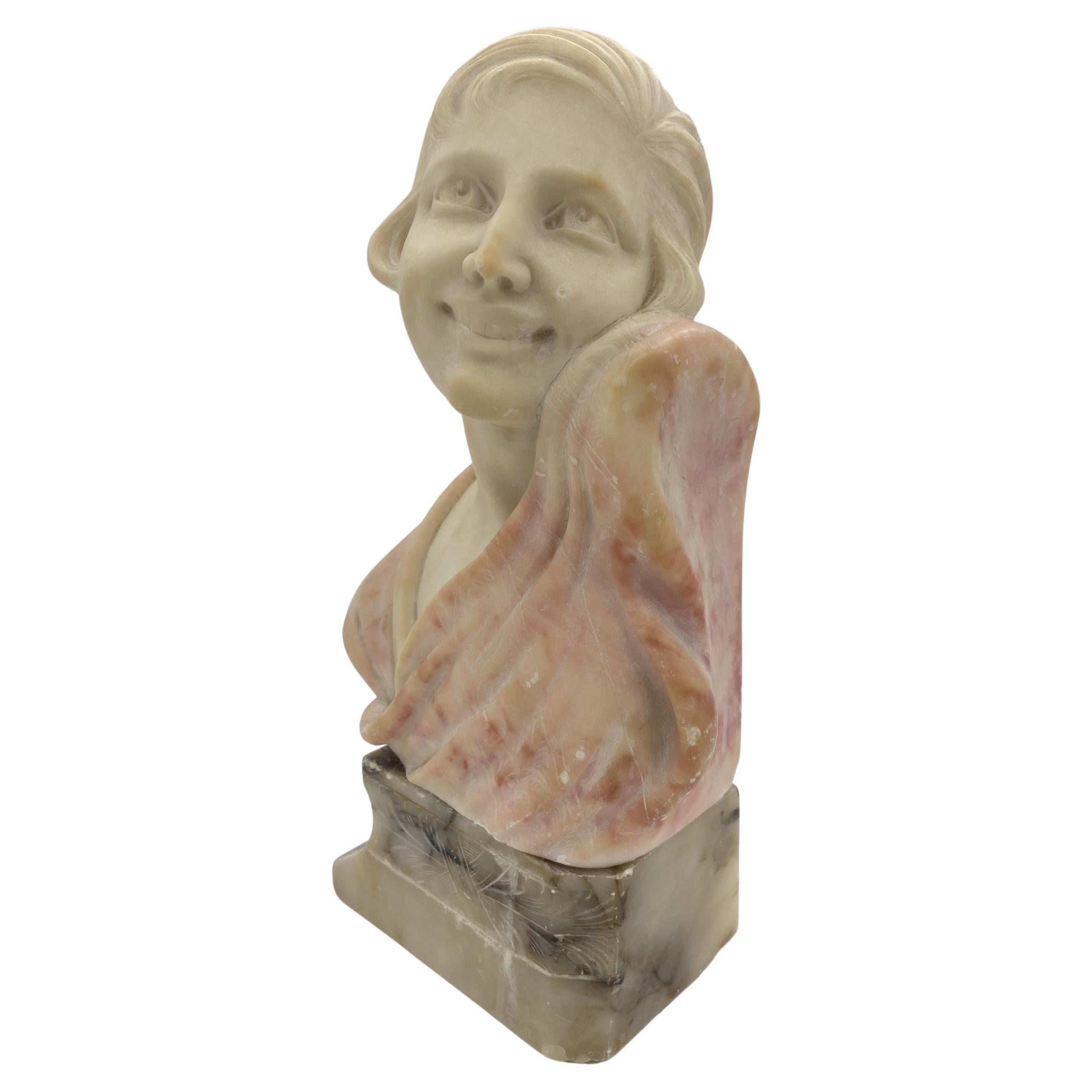 Art Deco Hand Carved Female Flapper Girl Alabaster Bust, Unsigned