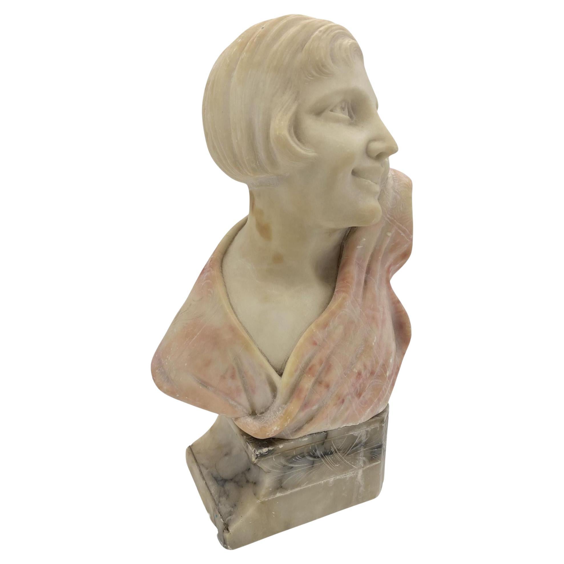 Art Deco Hand Carved Female Flapper Girl Alabaster Bust, Unsigned For Sale