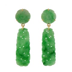 Vintage Art Deco Hand-Carved GIA-Certified Natural Jadeite Jade Earrings