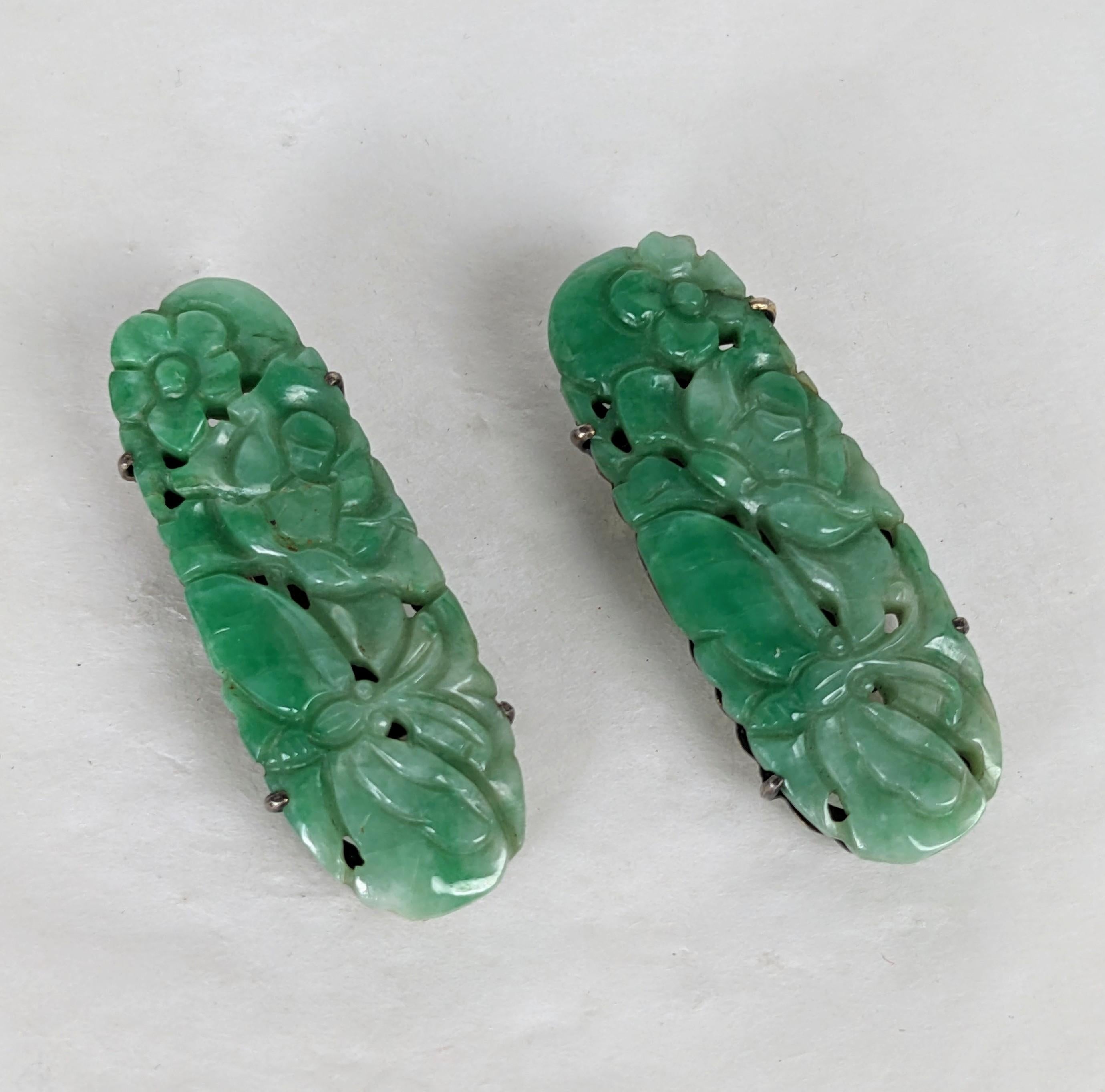 Uncut Art Deco Hand Carved Jade Clips/Earrings For Sale