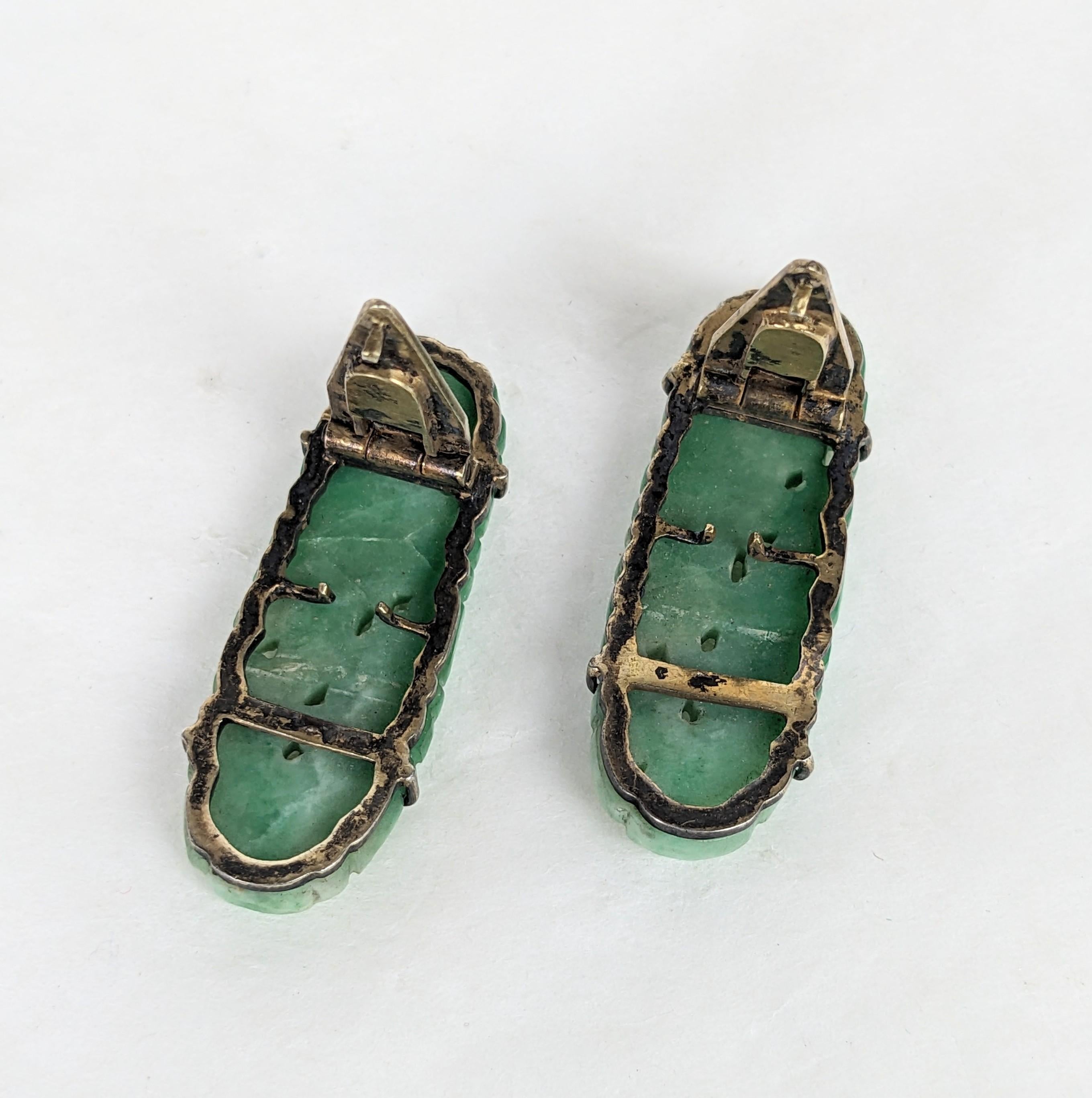 Women's or Men's Art Deco Hand Carved Jade Clips/Earrings For Sale