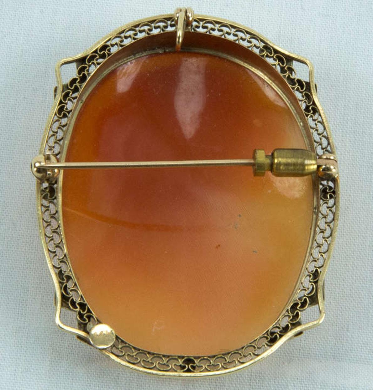 Women's Art Deco Hand Carved Portrait Shell Cameo Gold Pin Pendant Estate Fine Jewelry For Sale