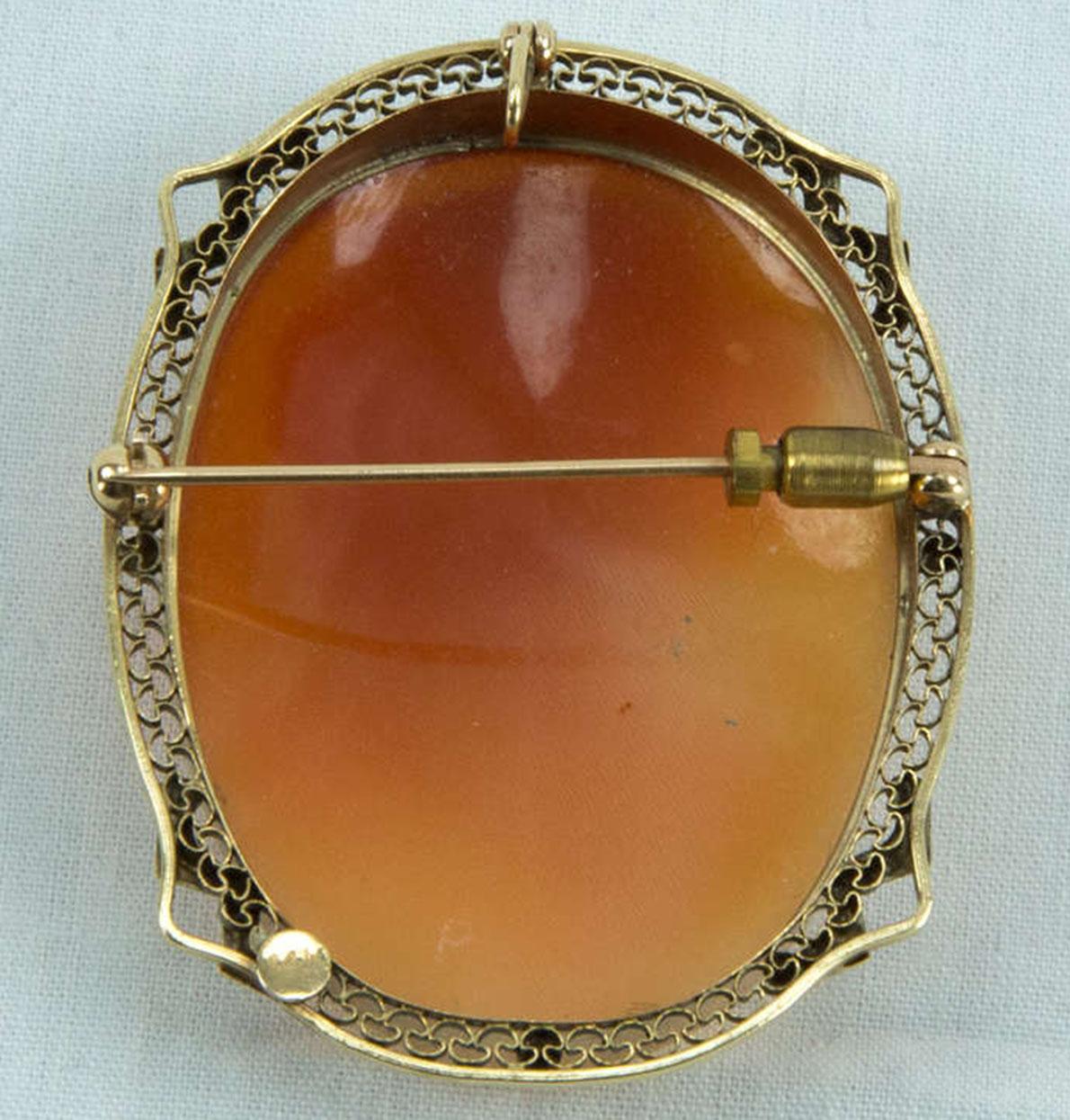 De las mujeres Art Decó Retrato Tallado a Mano Concha Camafeo Oro Alfiler Colgante Estate Fine Jewelry en venta
