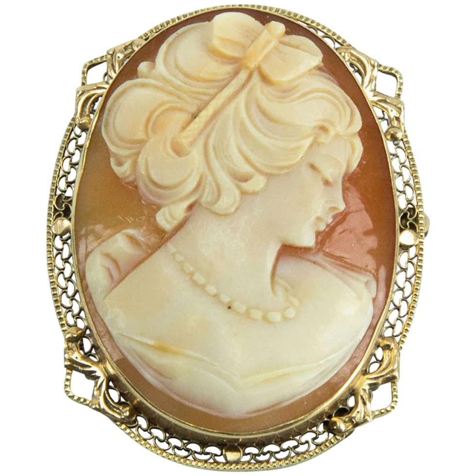 Art Deco Hand Carved Portrait Shell Cameo Gold Pin Pendant Estate Fine Jewelry For Sale