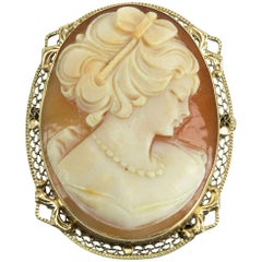 Art Deco Hand Carved Portrait Shell Cameo Gold Pin Pendant Estate Fine Jewelry