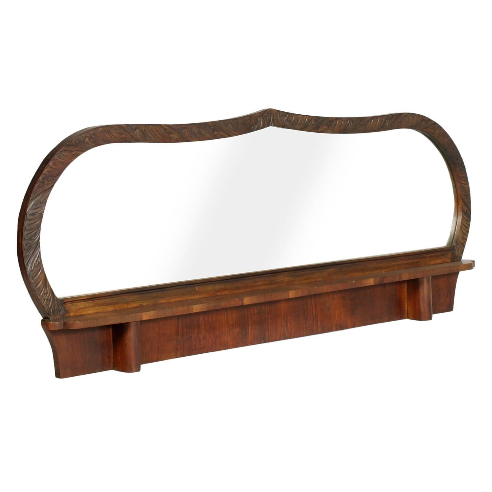 Art Deco Hand-Carved Walnut Mirror by Osvaldo Borsani, Bevelled with Shelf For Sale