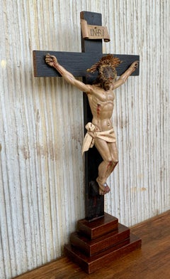 Art Decò Hand Carved Wooden Crucifix with Stunning Bronze Corpus of Christ