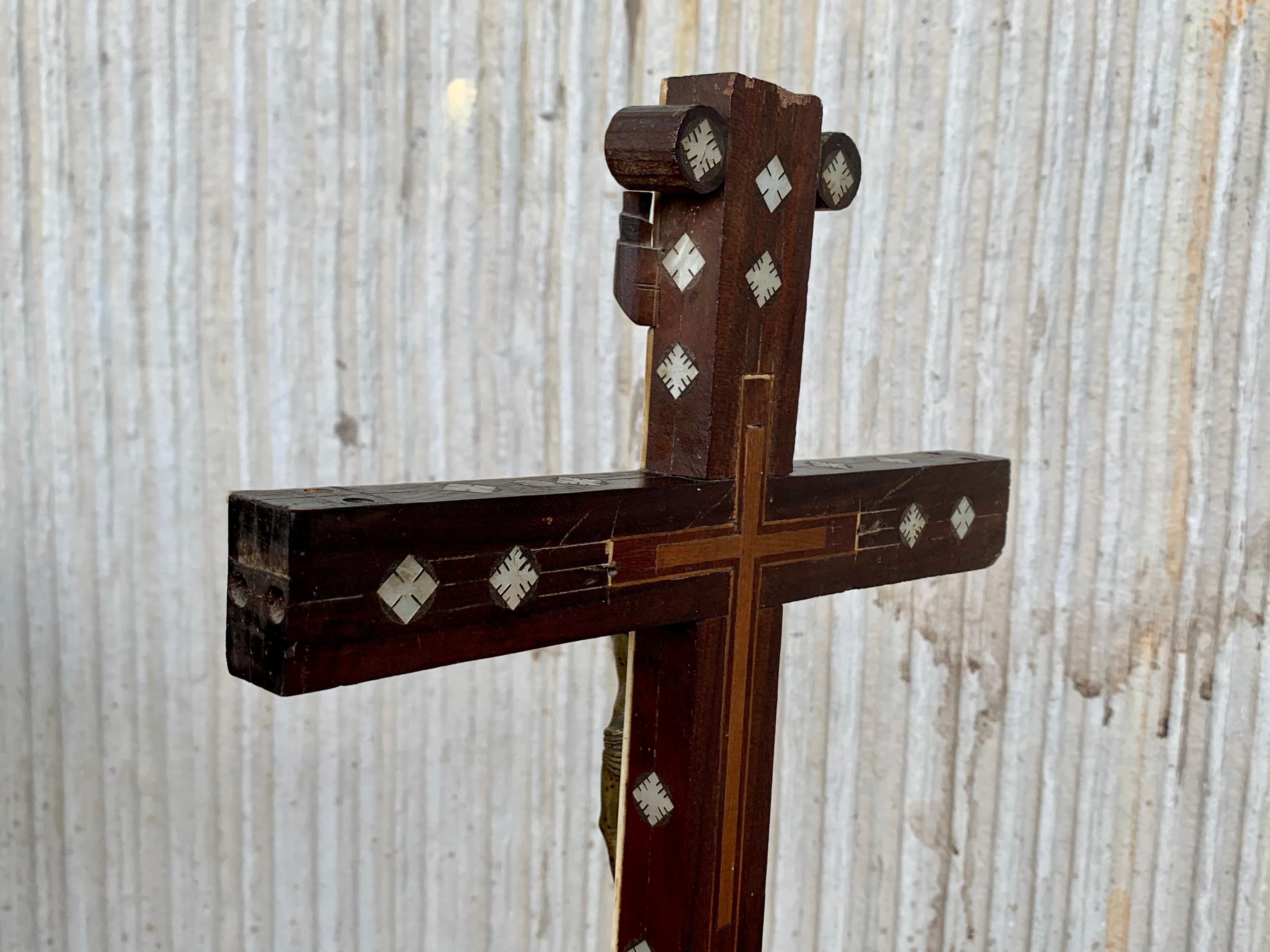 20th Century Art Deco Hand Carved Wooden Crucifix with Stunning Bronze Corpus of Christ For Sale