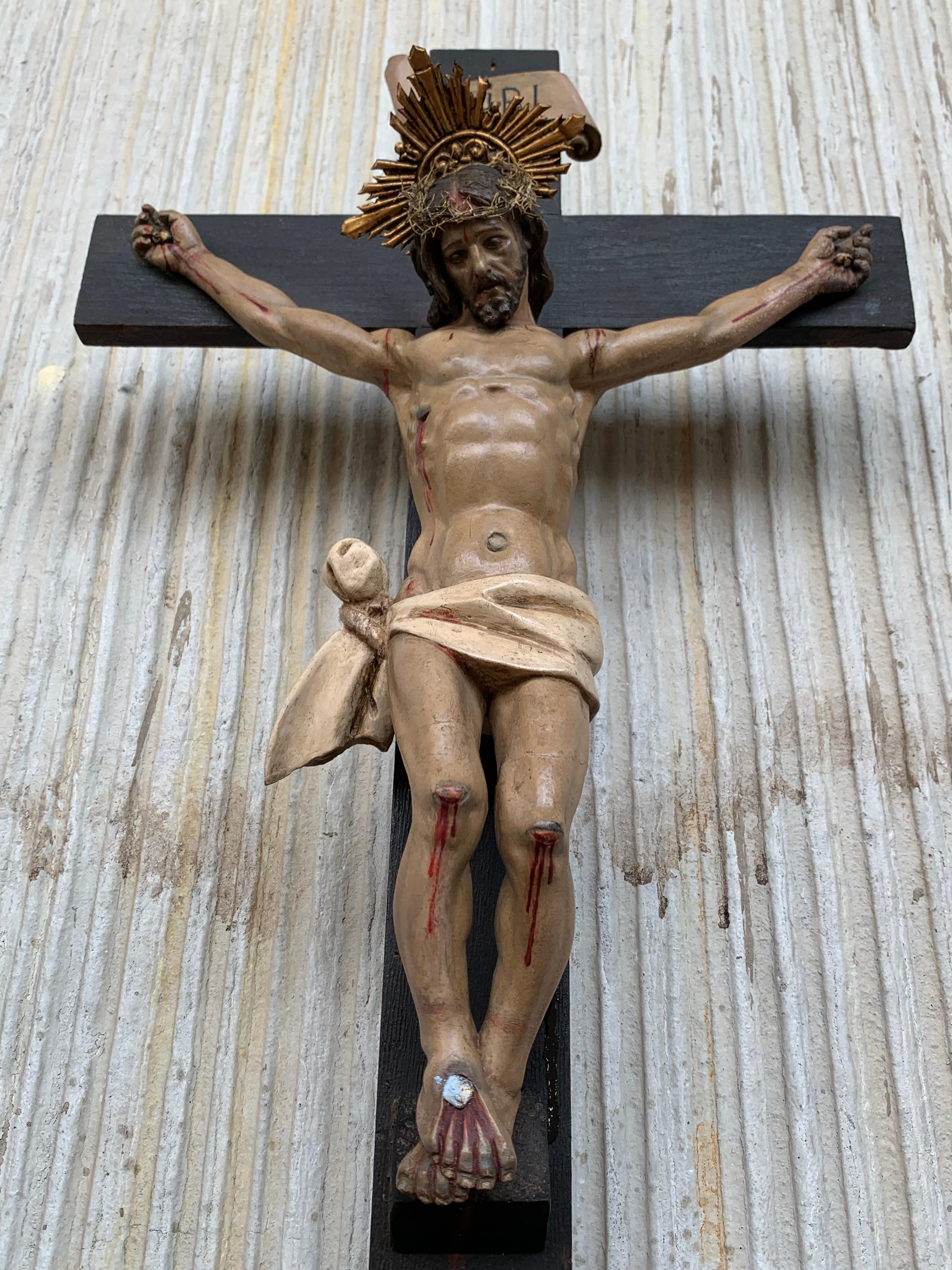 European Art Decò Hand Carved Wooden Crucifix with Stunning Bronze Corpus of Christ For Sale