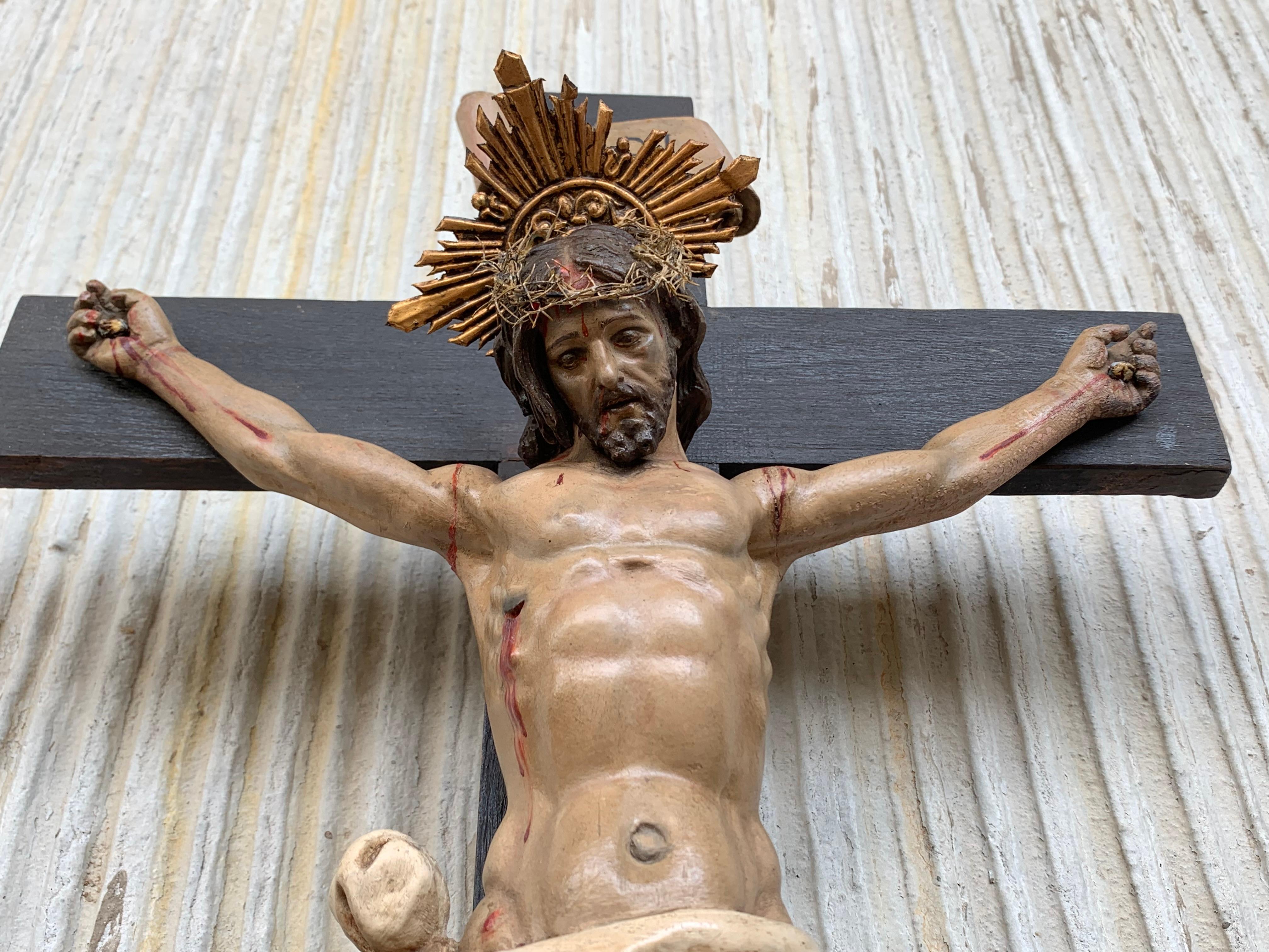 Hand-Carved Art Decò Hand Carved Wooden Crucifix with Stunning Bronze Corpus of Christ For Sale