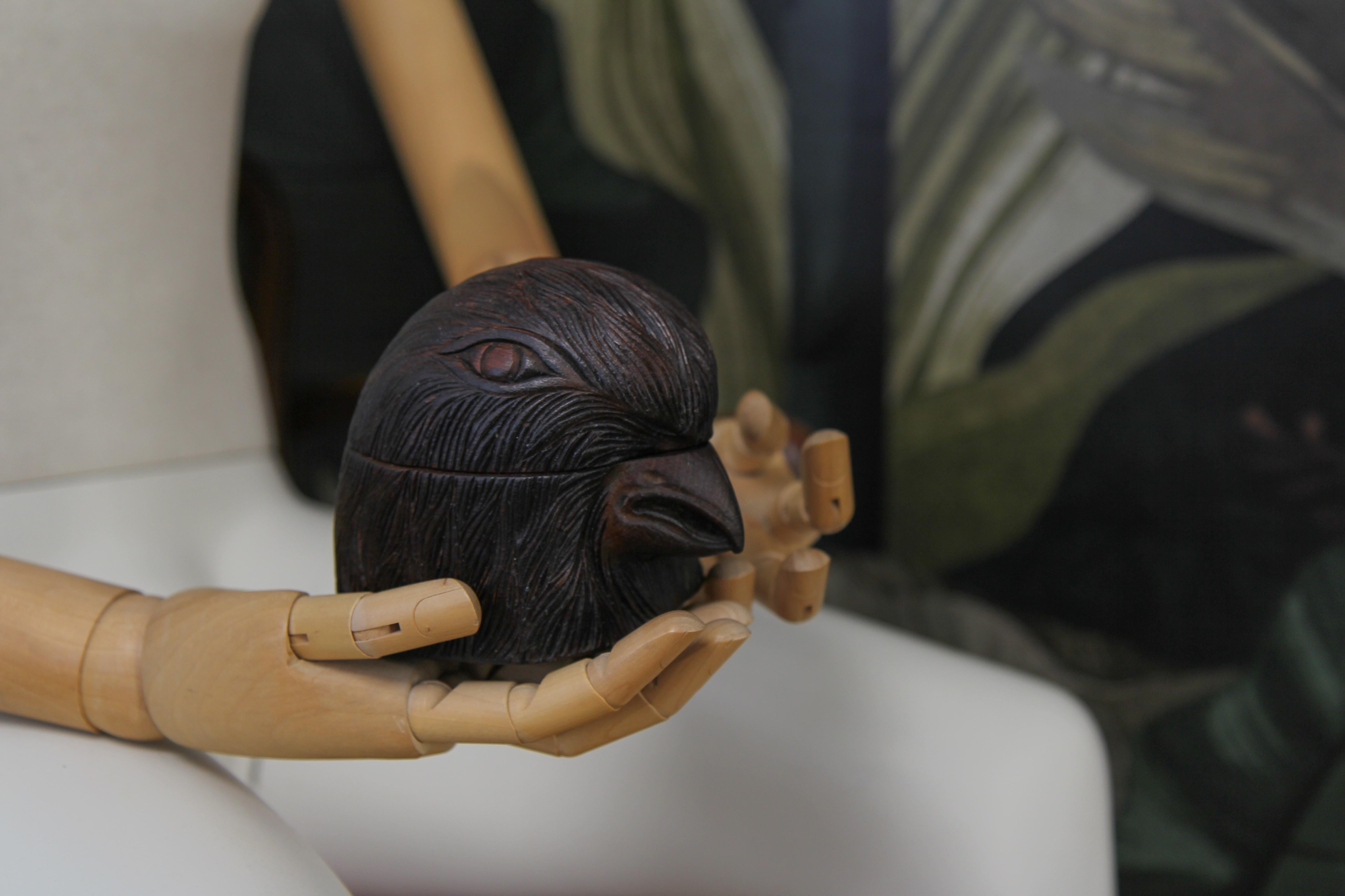 Metal Art Deco Hand Carved Wooden Figural Humidor Bird Head, ca. 1930s For Sale