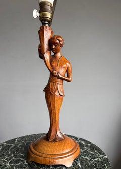 Art Deco Hand-Carved Wooden Figural Lamp, Wiener Werkstätte Style, Austria c1920