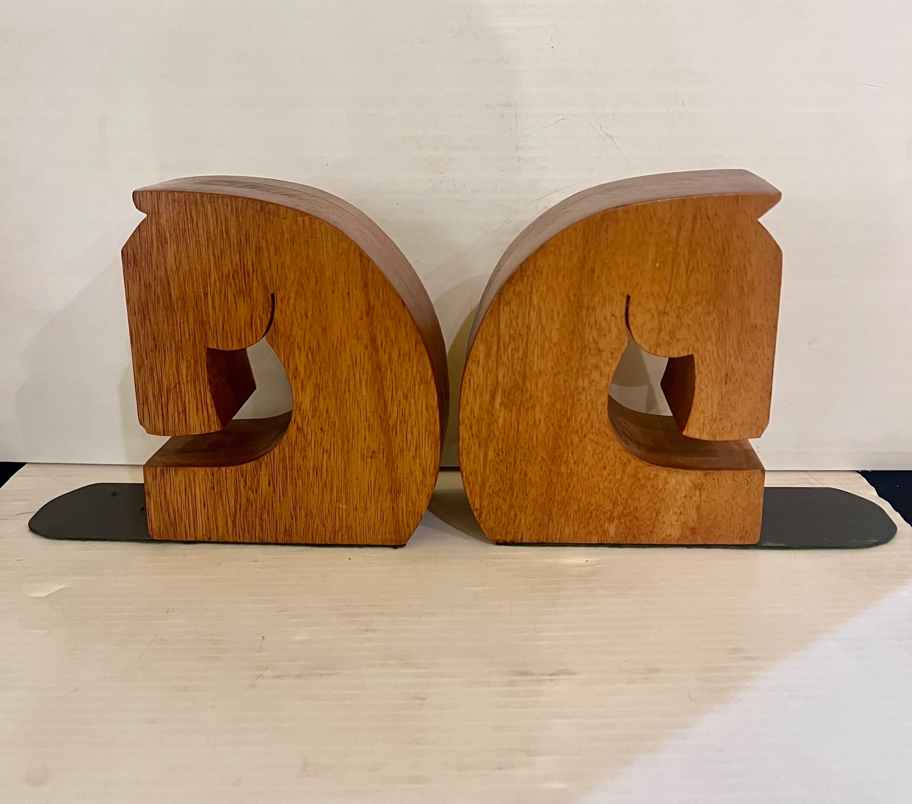 North American Art deco Hand crafted Solid Mahogany & Walnut Horse Bookends