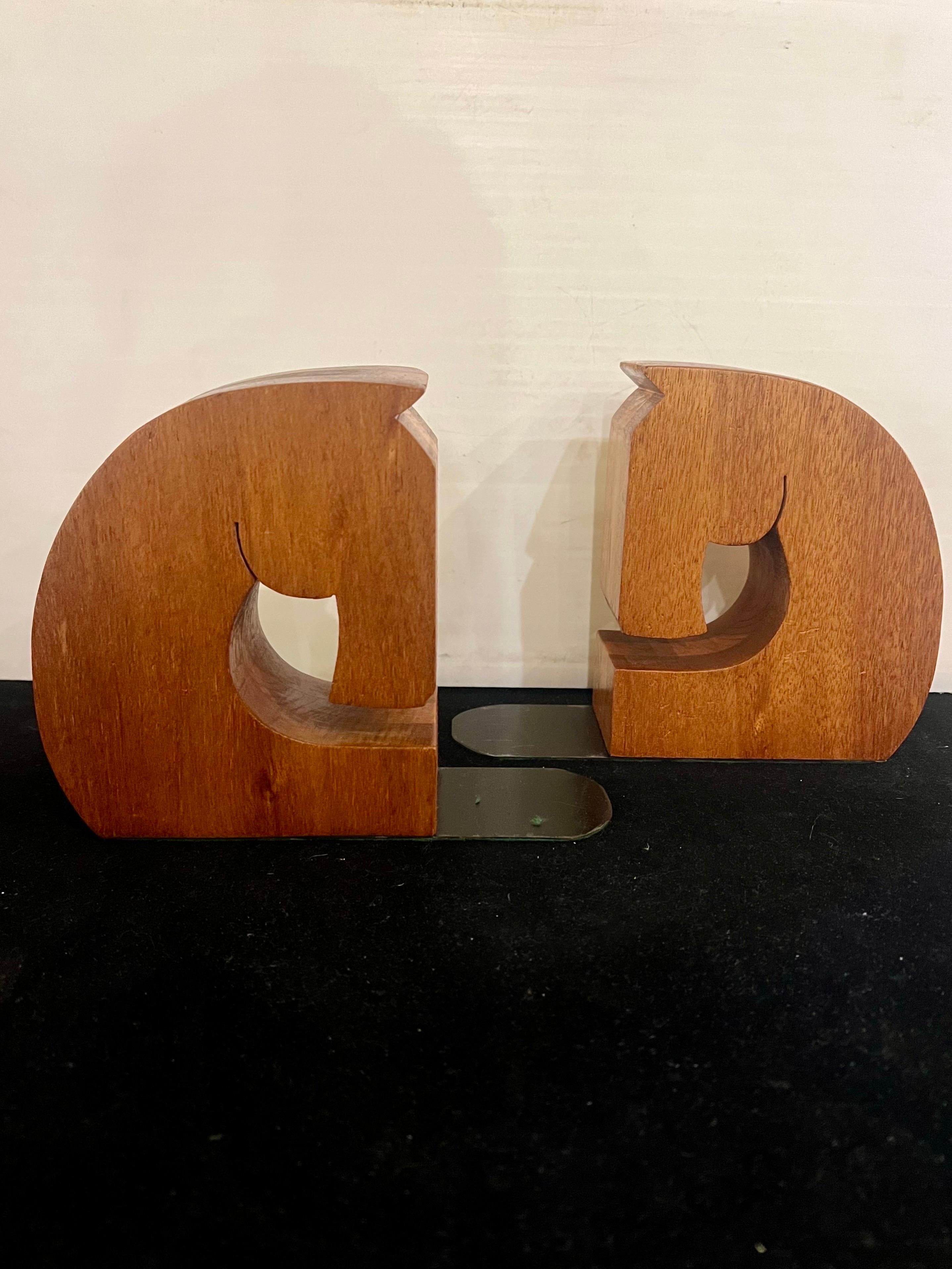 Art deco Hand crafted Solid Mahogany & Walnut Horse Bookends In Good Condition In San Diego, CA