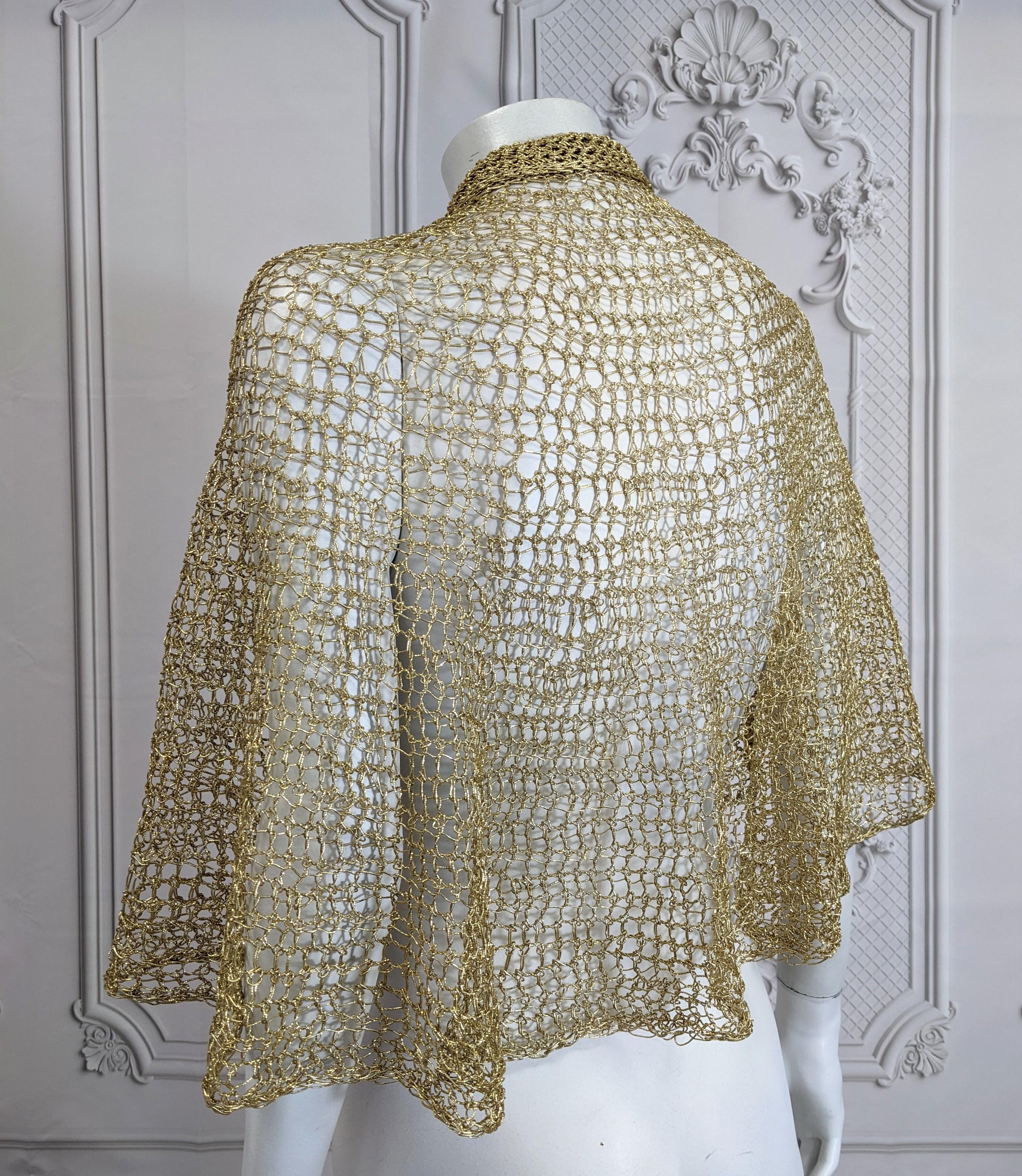 Brown Art Deco Hand Crochet Gold Yarn Capelet For Sale