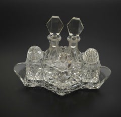 Art Deco hand cut lead crystal 5 piece cruet set, with mustard spoon circa 1920