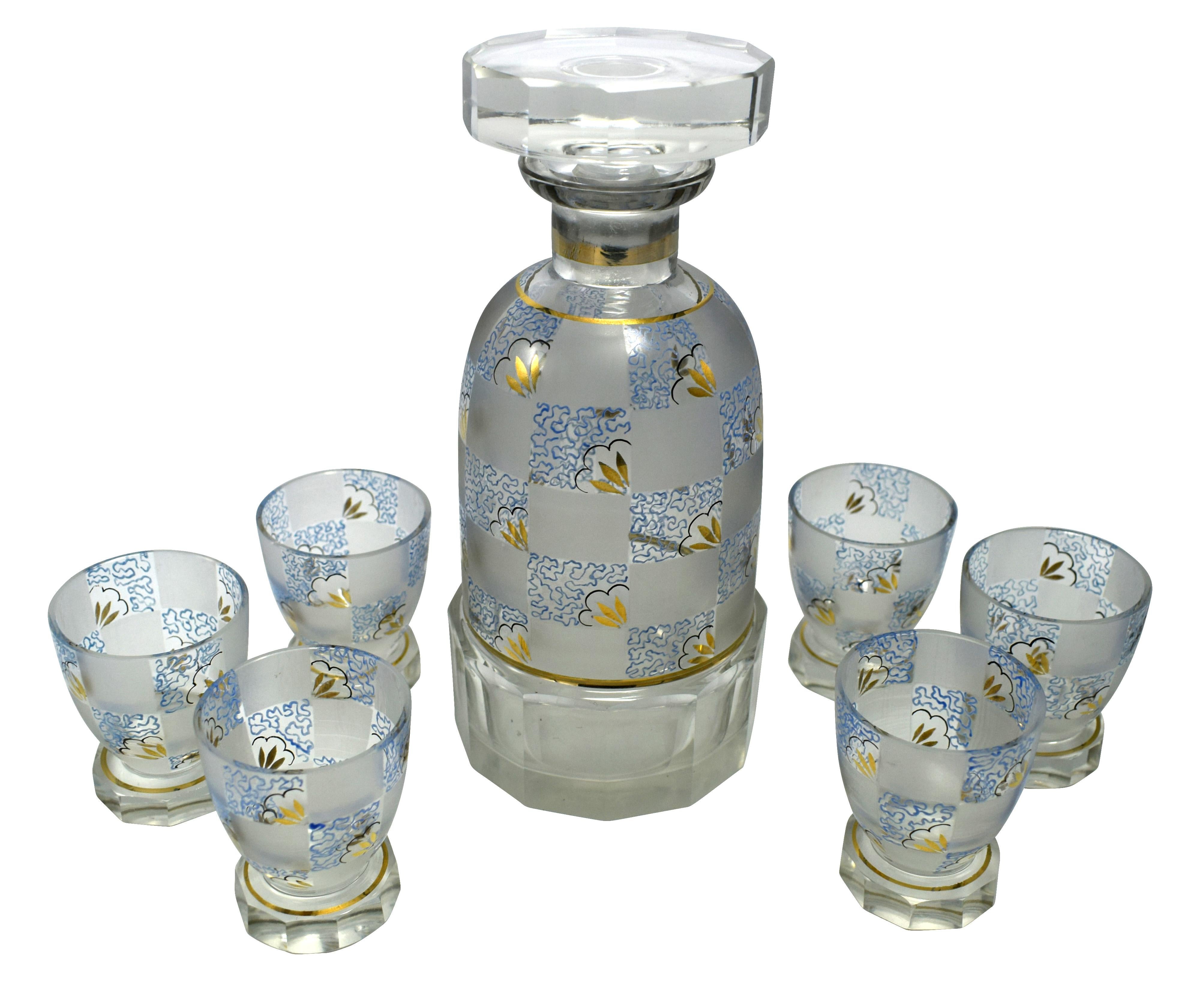 Art Deco Hand Decorated Czech Glass Decanter Set, circa 1930 5