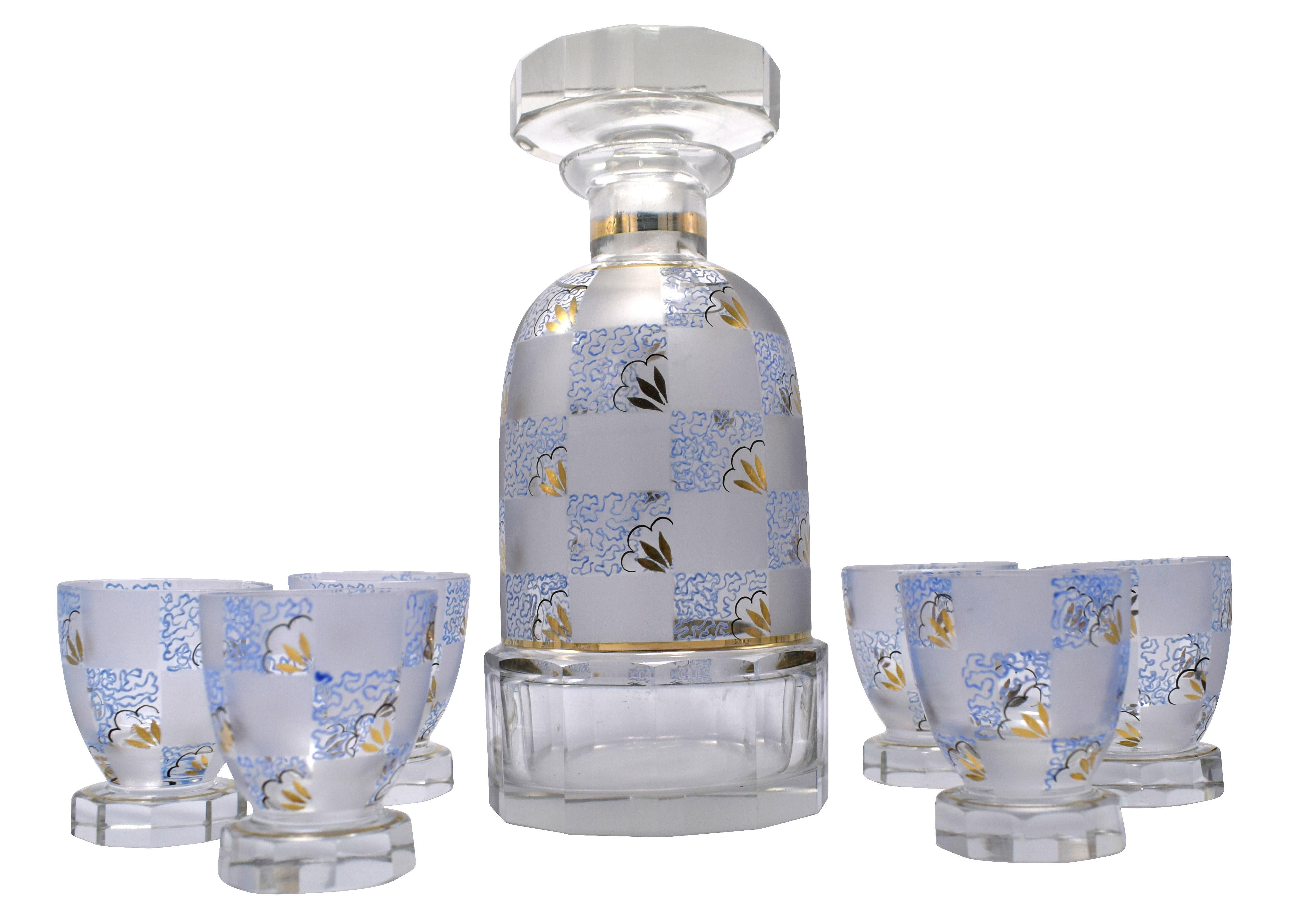 Art Deco Hand Decorated Czech Glass Decanter Set, circa 1930 1