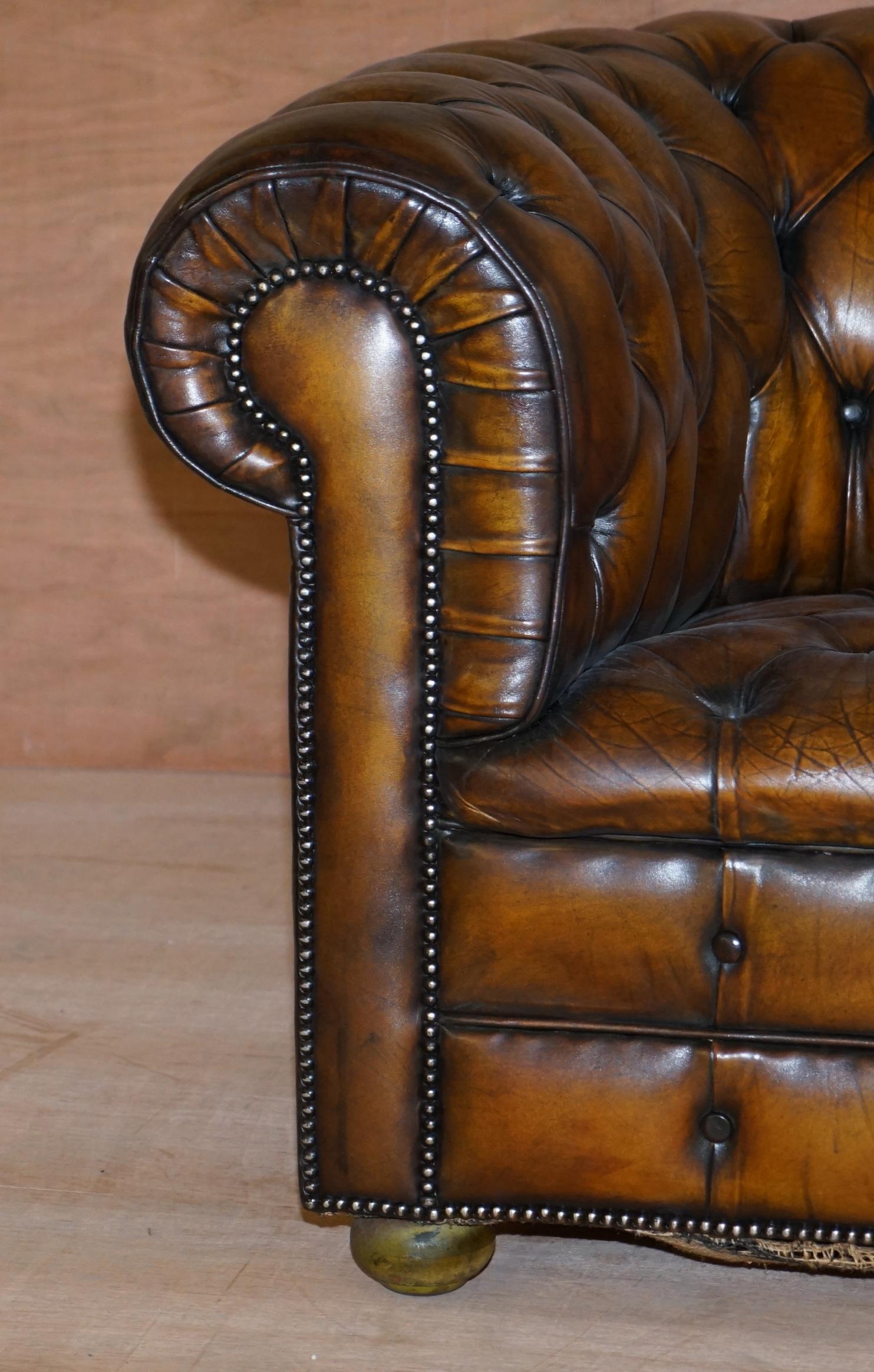 Hand-Crafted Art Deco Hand Dyed Brown Leather Fully Buttoned Chesterfield Club Armchair For Sale