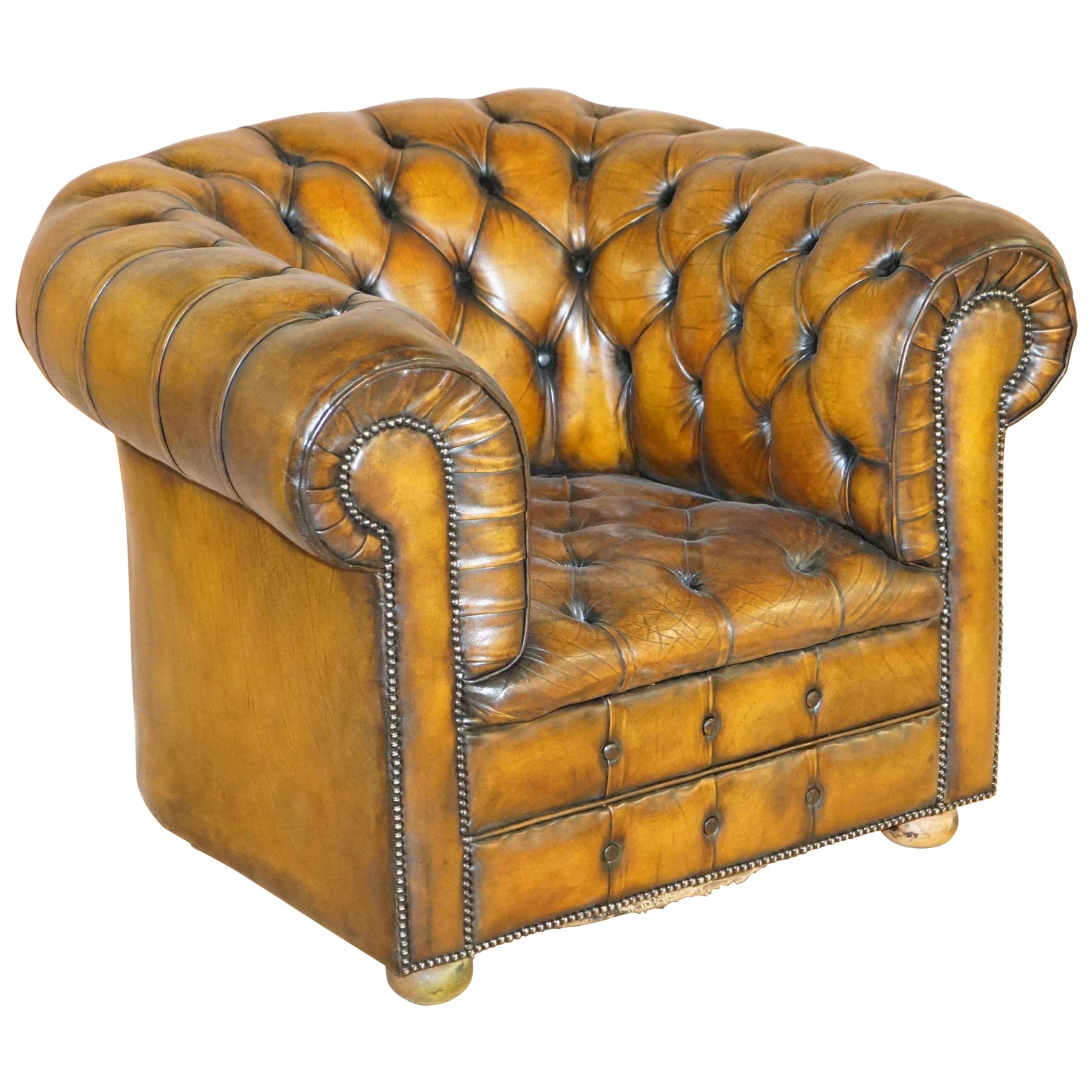 Art Deco Hand Dyed Brown Leather Fully Buttoned Chesterfield Club Armchair