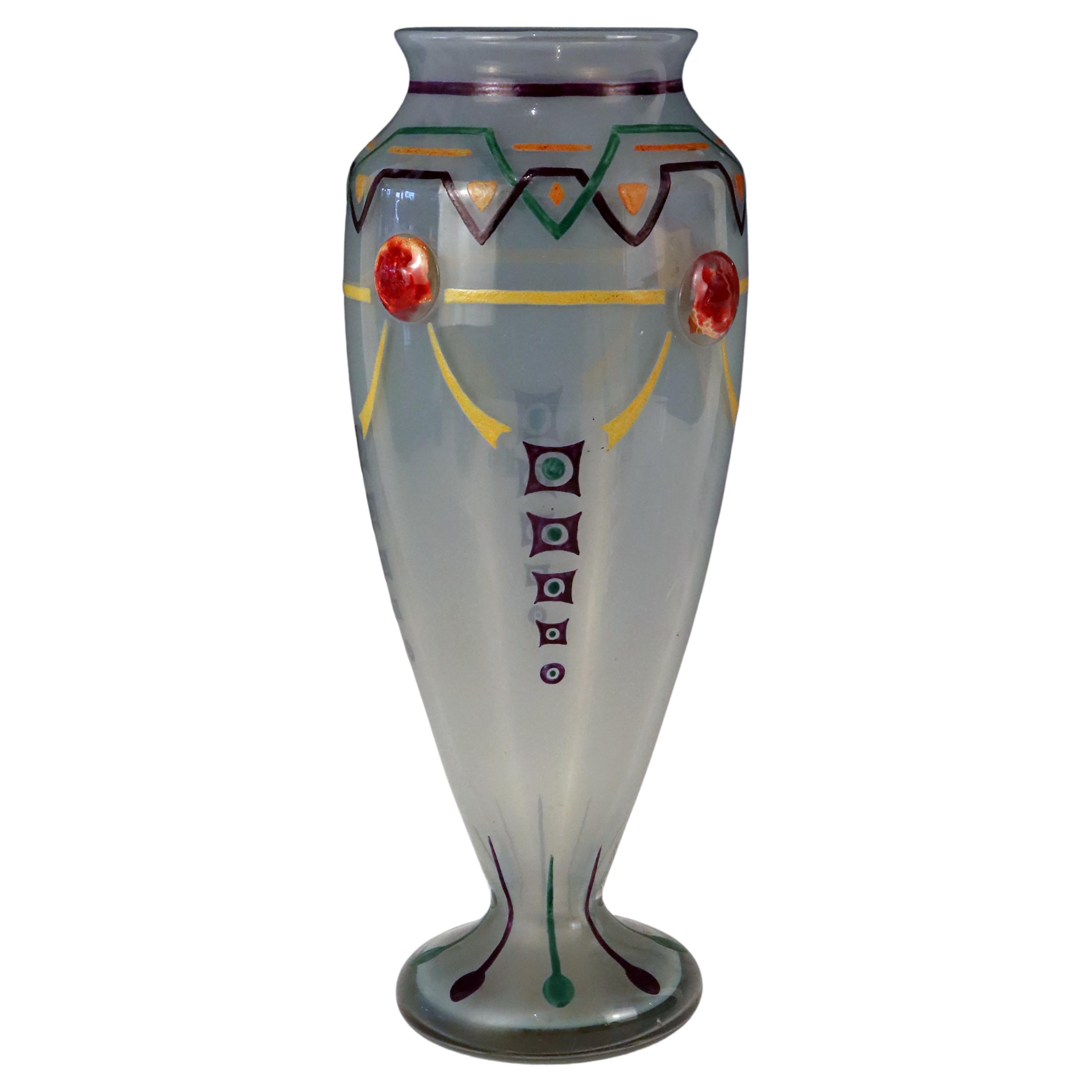 Art Deco Hand Enameled Glass Vase For Sale