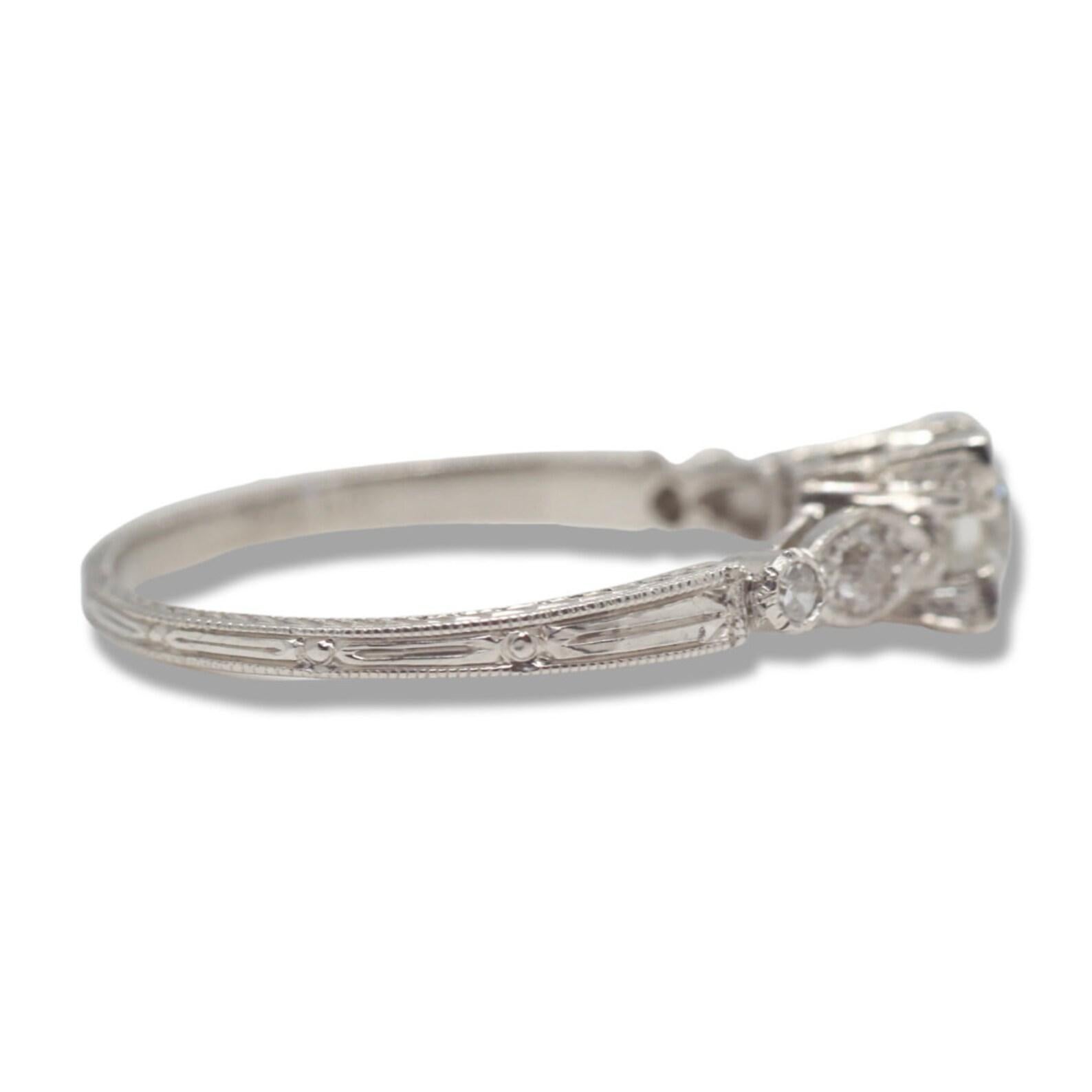 Art Deco Hand Engraved Diamond Engagement Ring in Platinum In Good Condition For Sale In Boston, MA