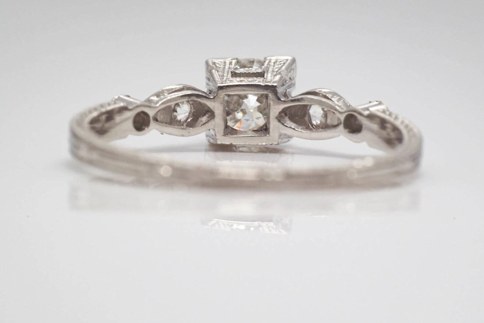 Women's Art Deco Hand Engraved Diamond Engagement Ring in Platinum For Sale