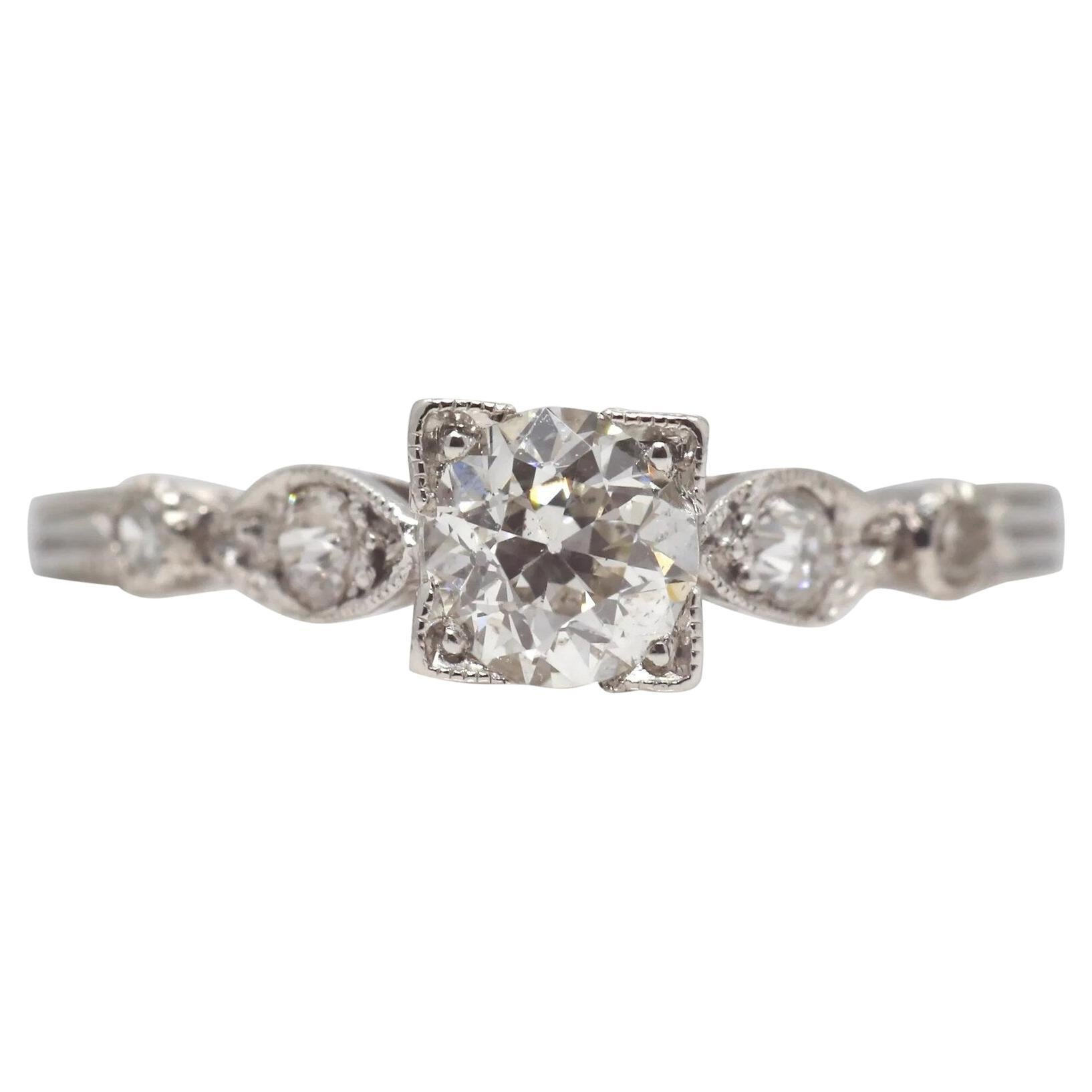 Art Deco Hand Engraved Diamond Engagement Ring in Platinum