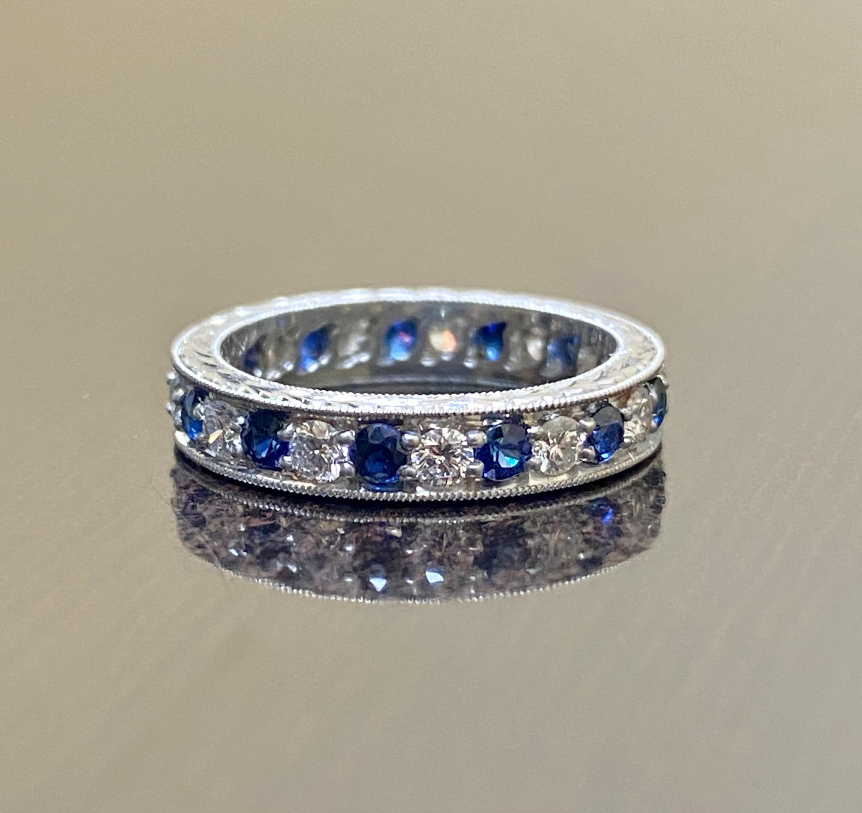 Art Deco Hand Engraved Platinum Eternity Diamond Blue Sapphire Engagement Band For Sale 4