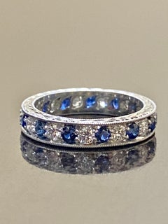 Art Deco Hand Engraved Platinum Eternity Diamond Blue Sapphire Engagement Band