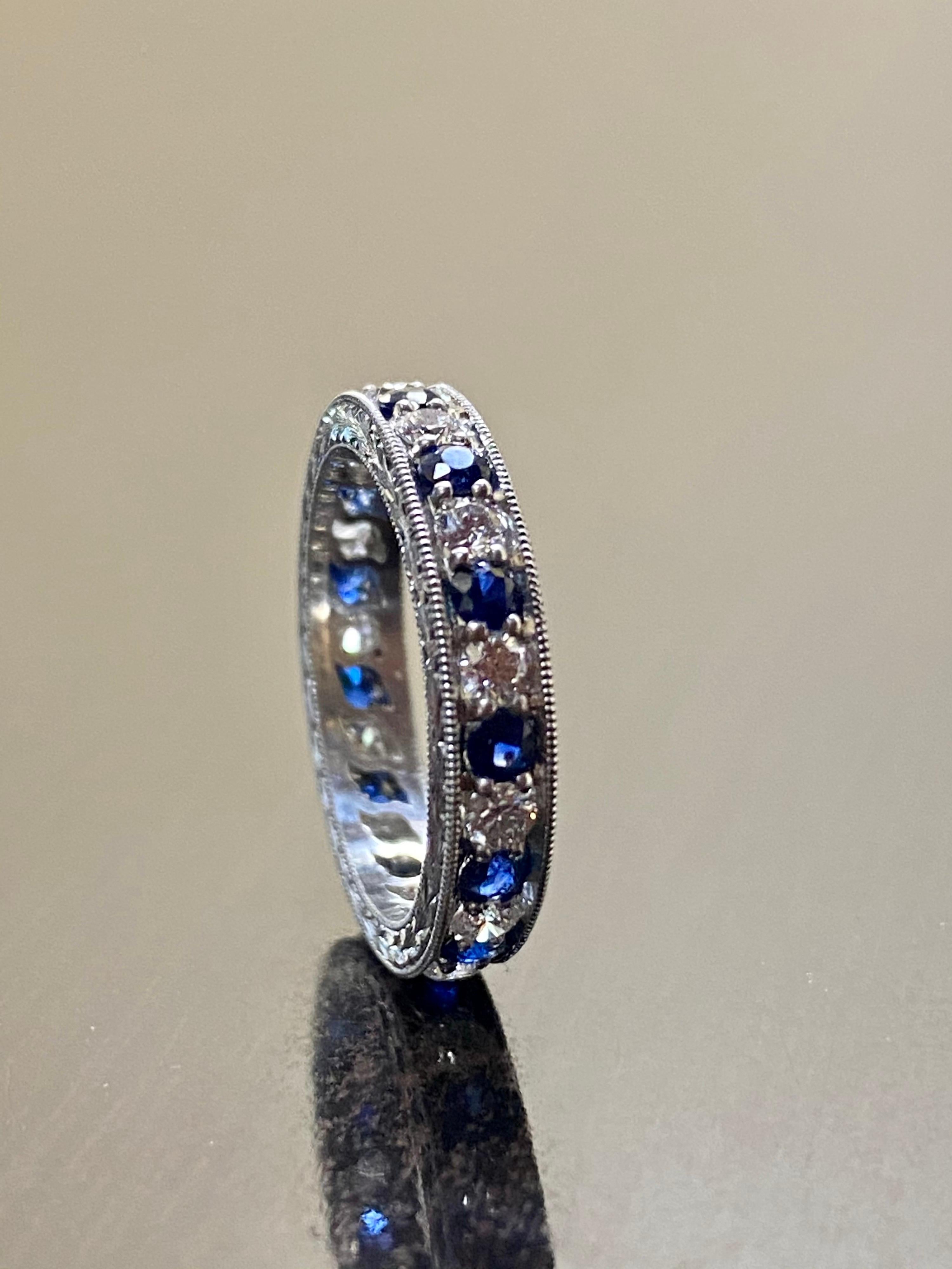 Round Cut Art Deco Hand Engraved Platinum Eternity Diamond Blue Sapphire Engagement Band For Sale