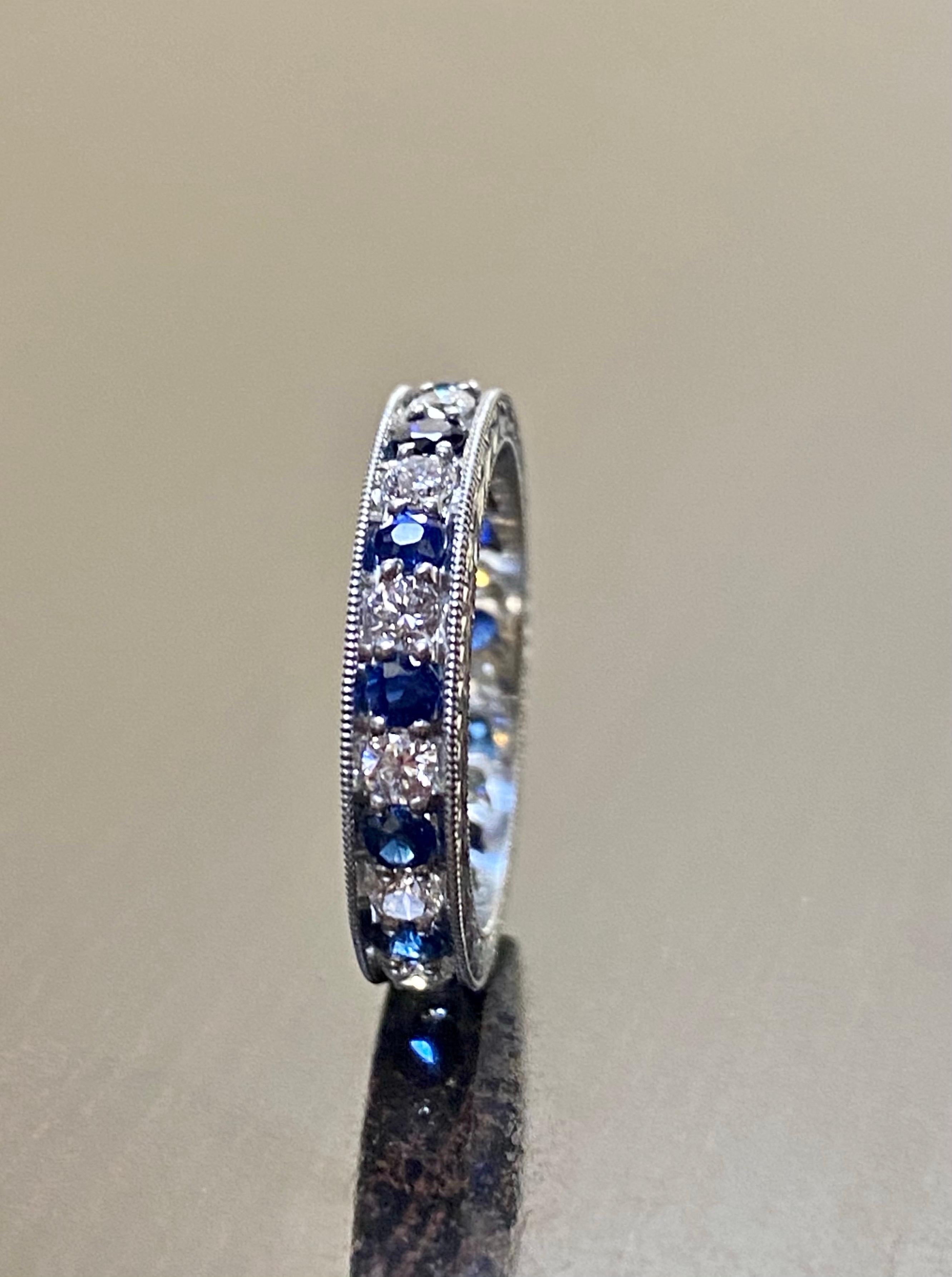 Art Deco Hand Engraved Platinum Eternity Diamond Blue Sapphire Engagement Band In New Condition For Sale In Los Angeles, CA