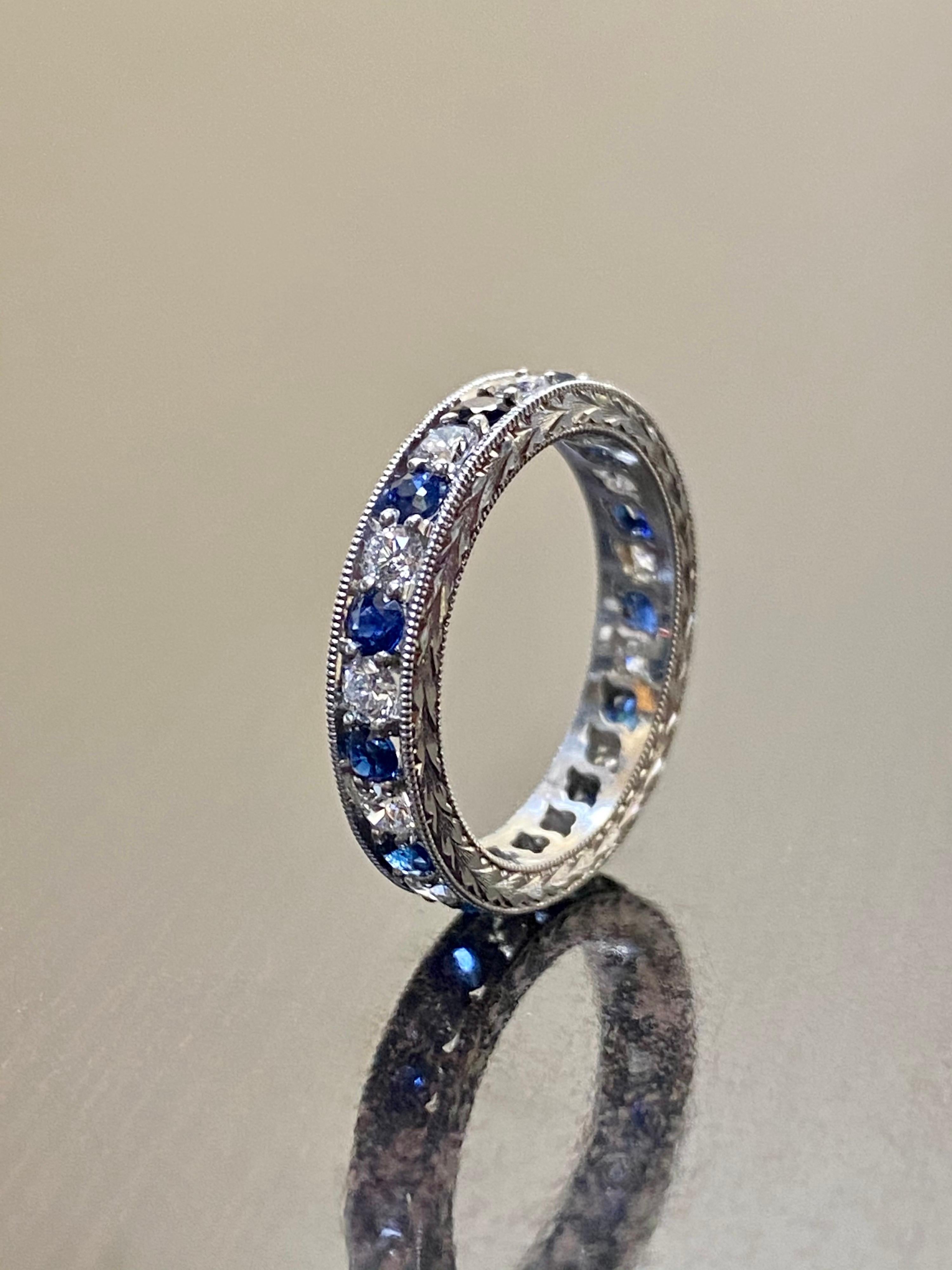 Women's or Men's Art Deco Hand Engraved Platinum Eternity Diamond Blue Sapphire Engagement Band For Sale