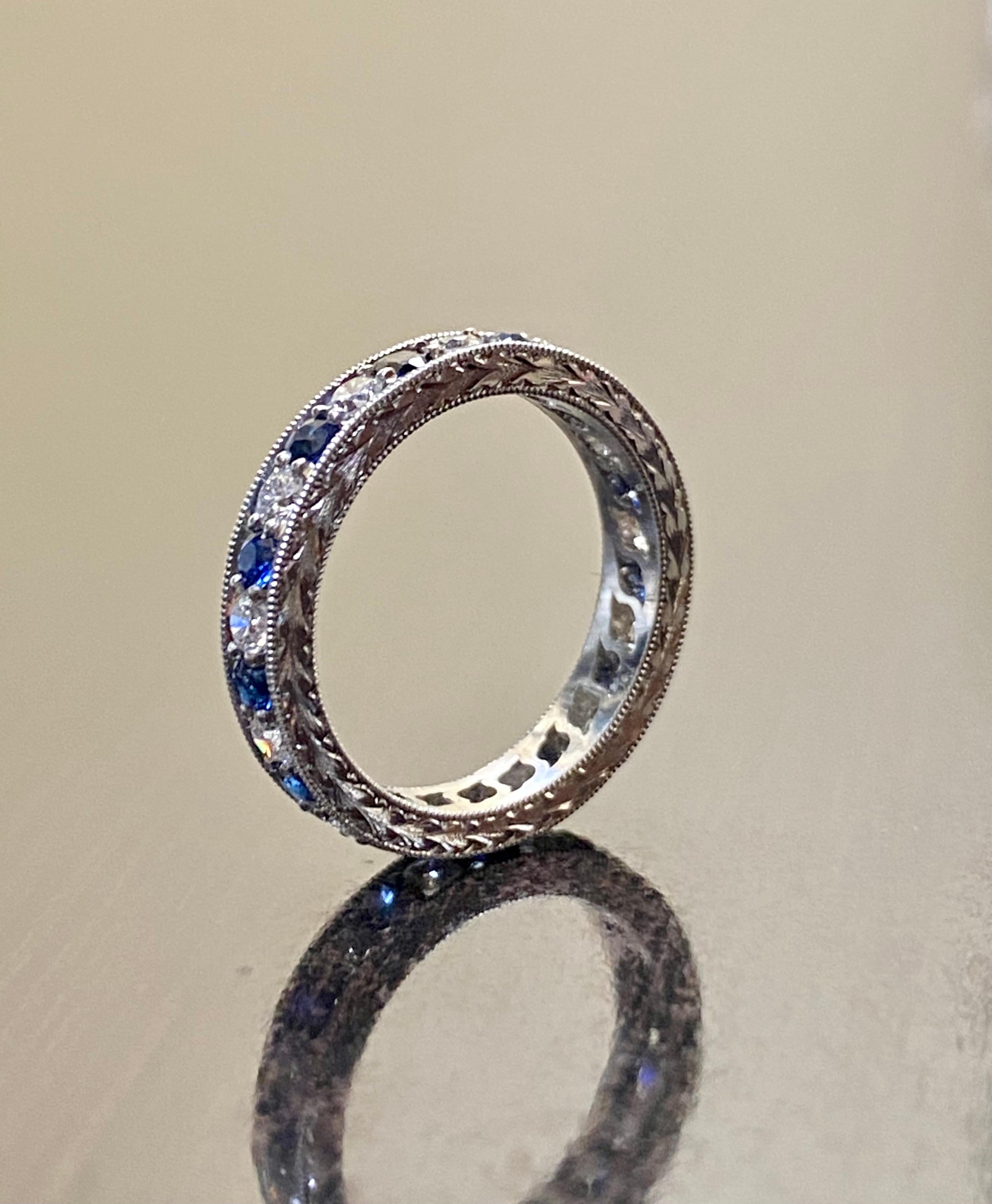 Art Deco Hand Engraved Platinum Eternity Diamond Blue Sapphire Engagement Band For Sale 1