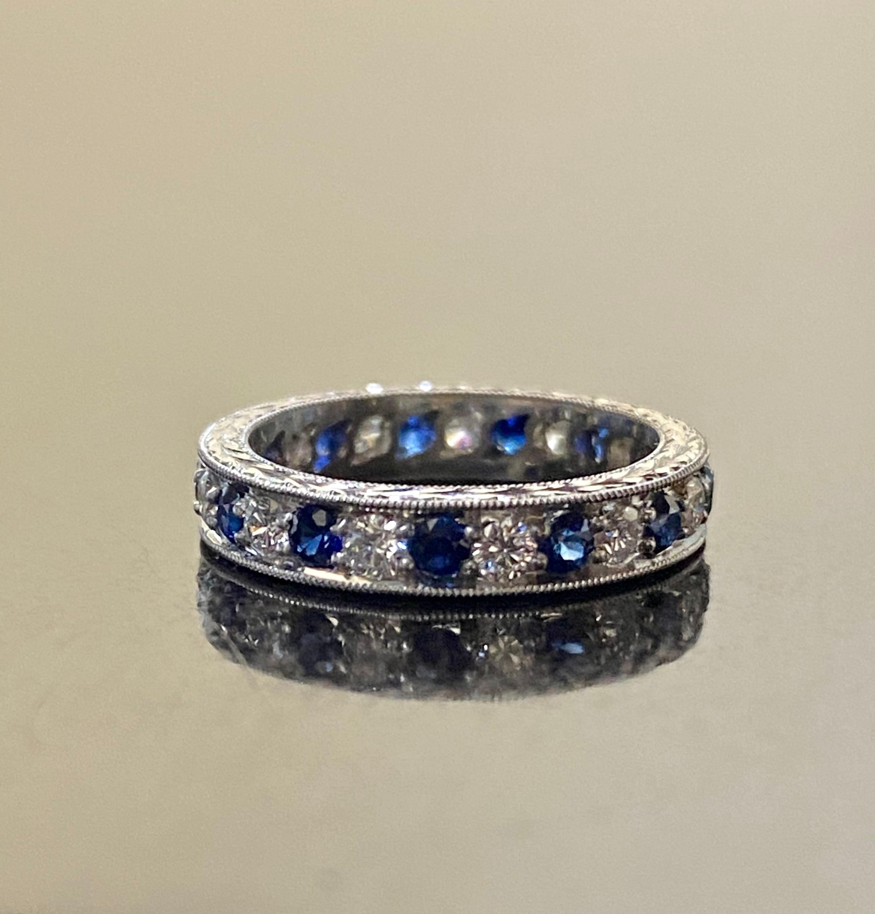 Art Deco Hand Engraved Platinum Eternity Diamond Blue Sapphire Engagement Band For Sale 3