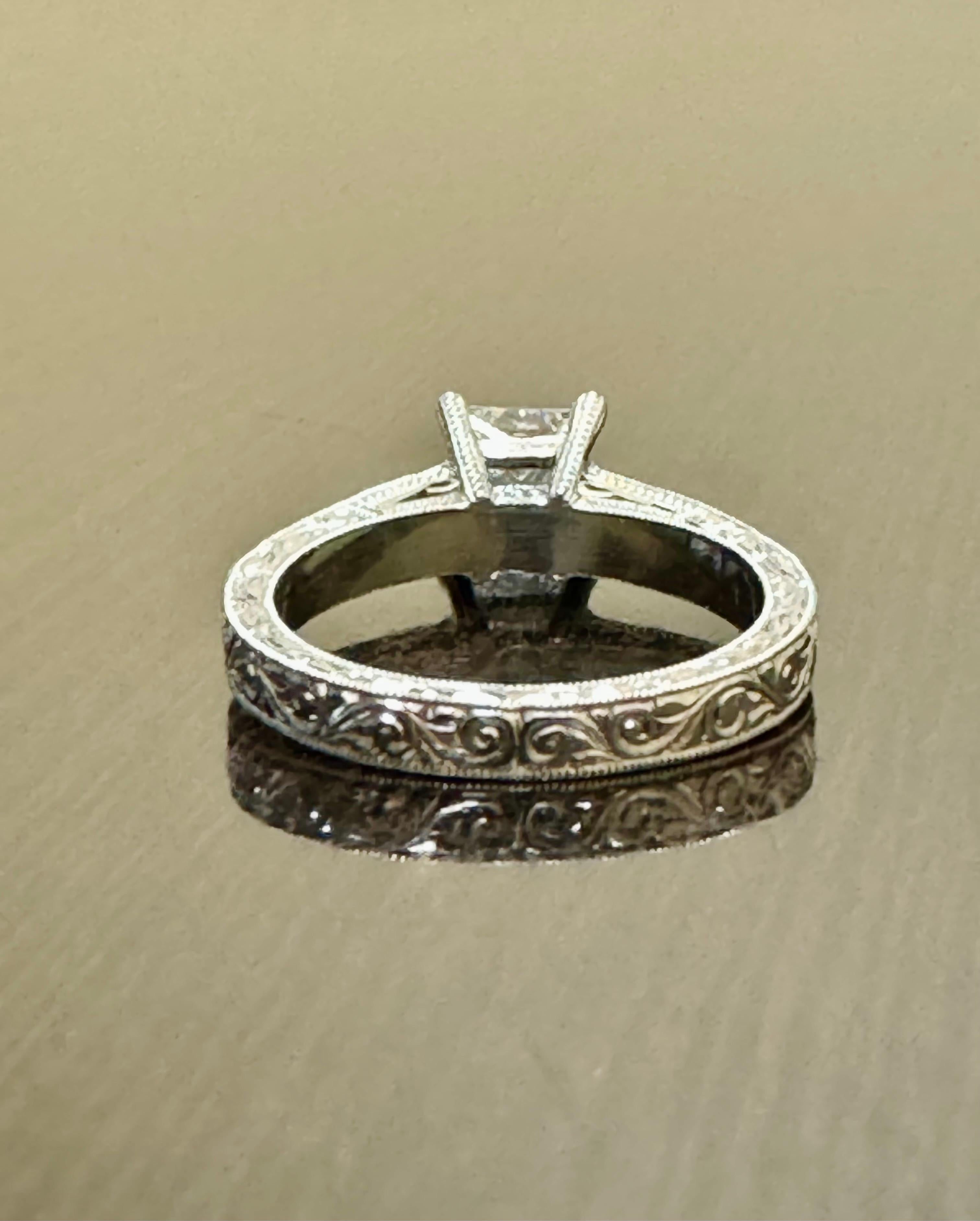 Art Deco Hand Engraved Platinum GIA Princess Cut Diamond Engagement Ring For Sale 6