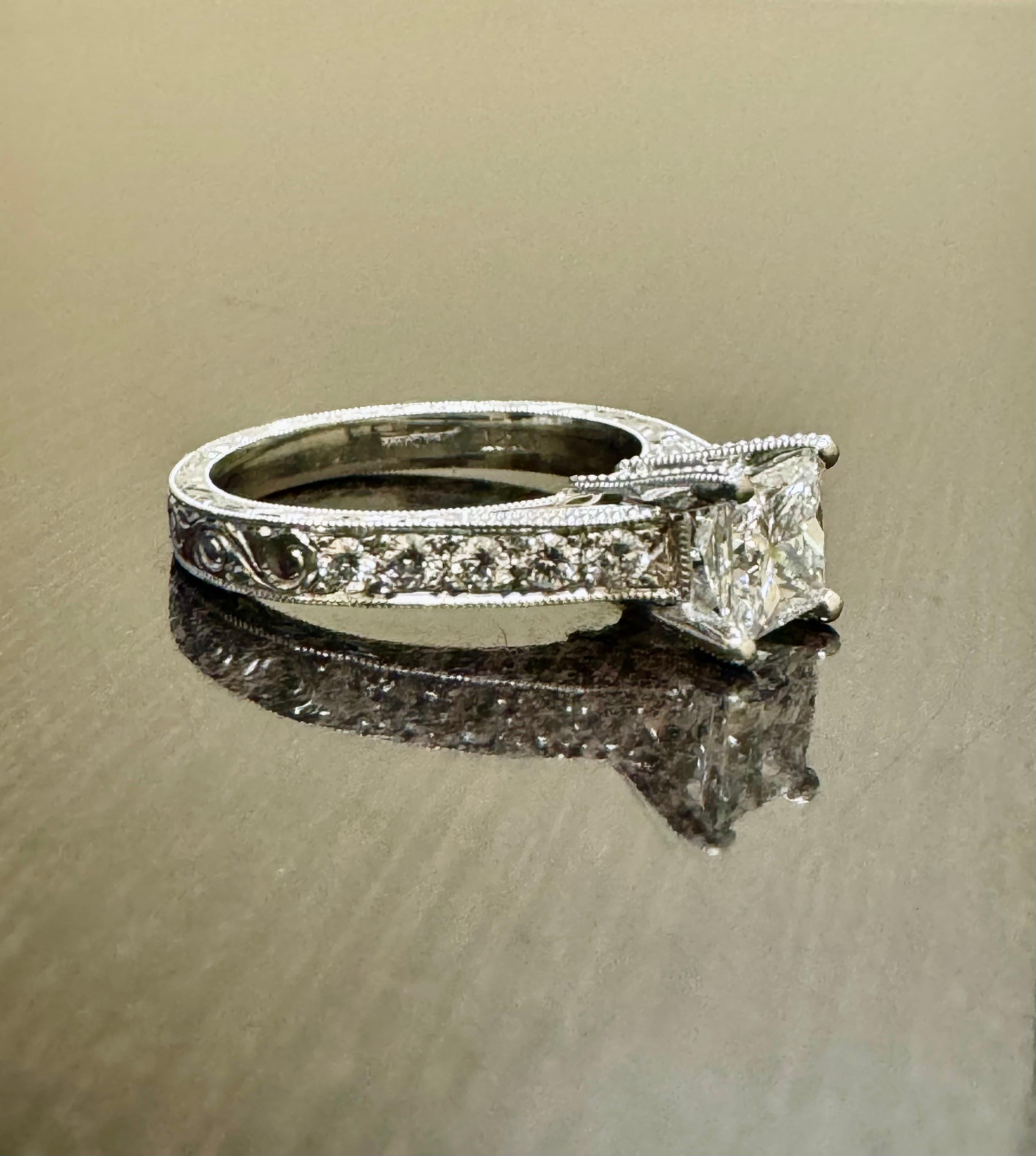 Art Deco Hand Engraved Platinum GIA Princess Cut Diamond Engagement Ring For Sale 7