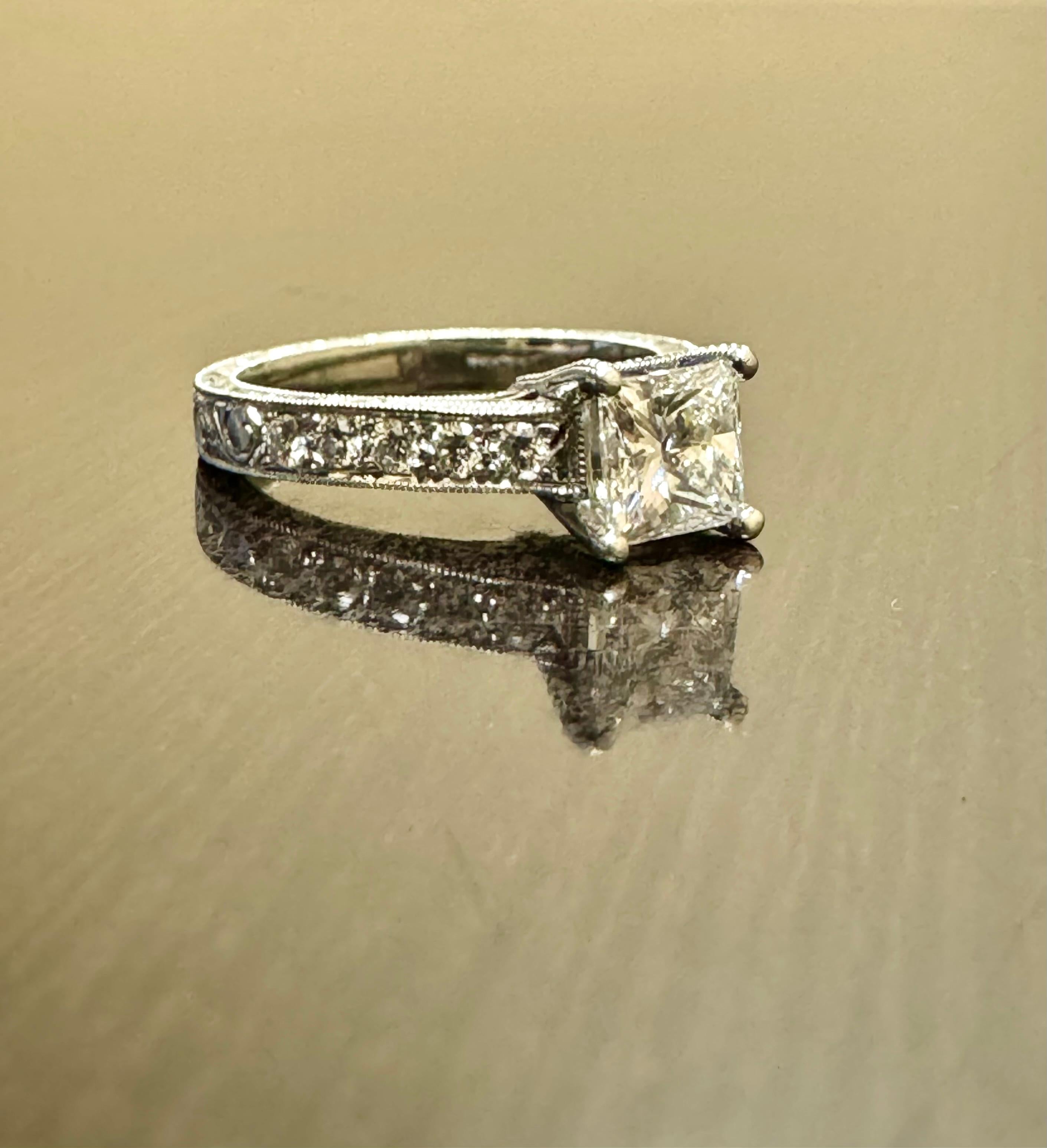 Art Deco Hand Engraved Platinum GIA Princess Cut Diamond Engagement Ring For Sale 8