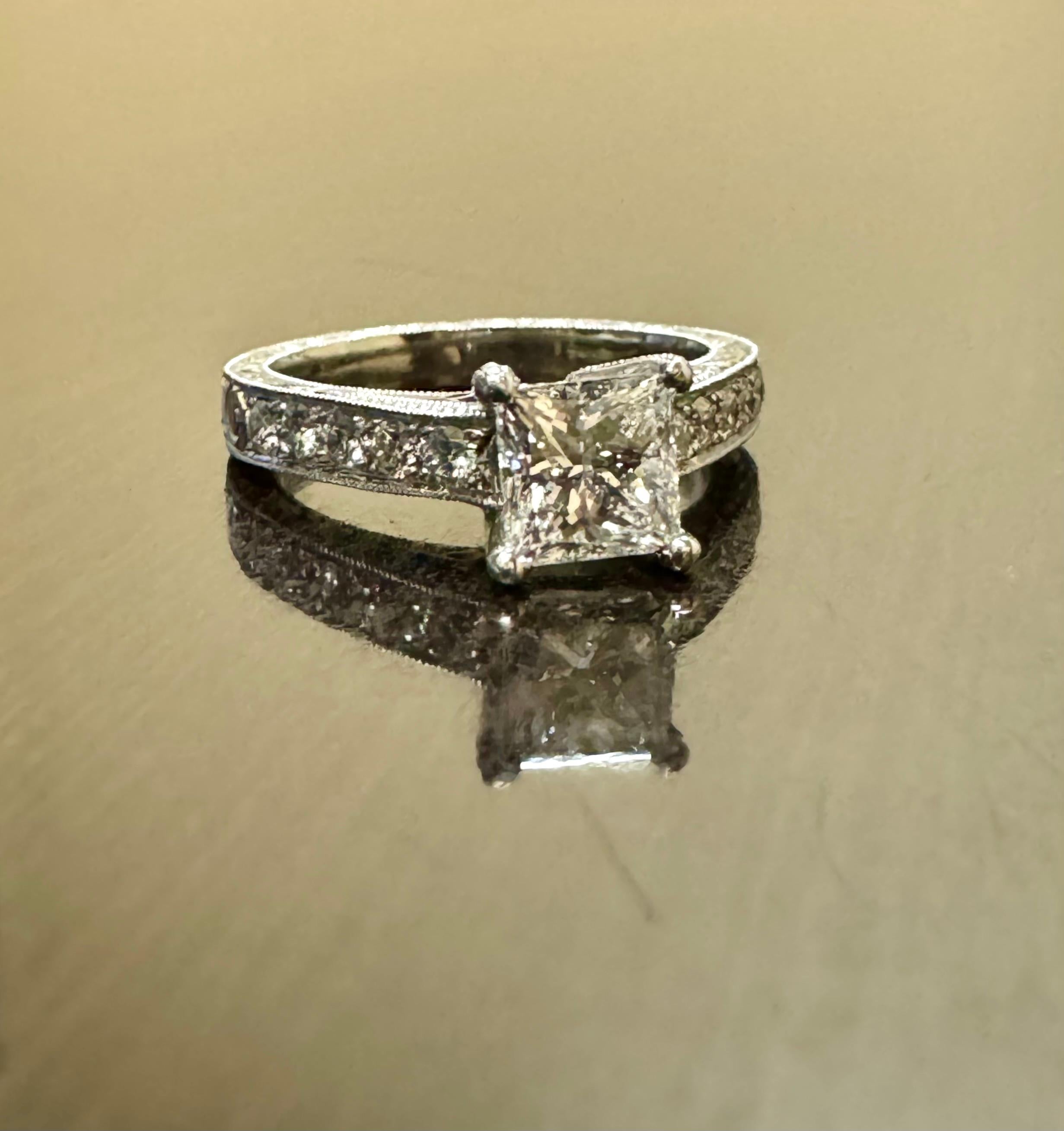 Art Deco Hand Engraved Platinum GIA Princess Cut Diamond Engagement Ring For Sale 9