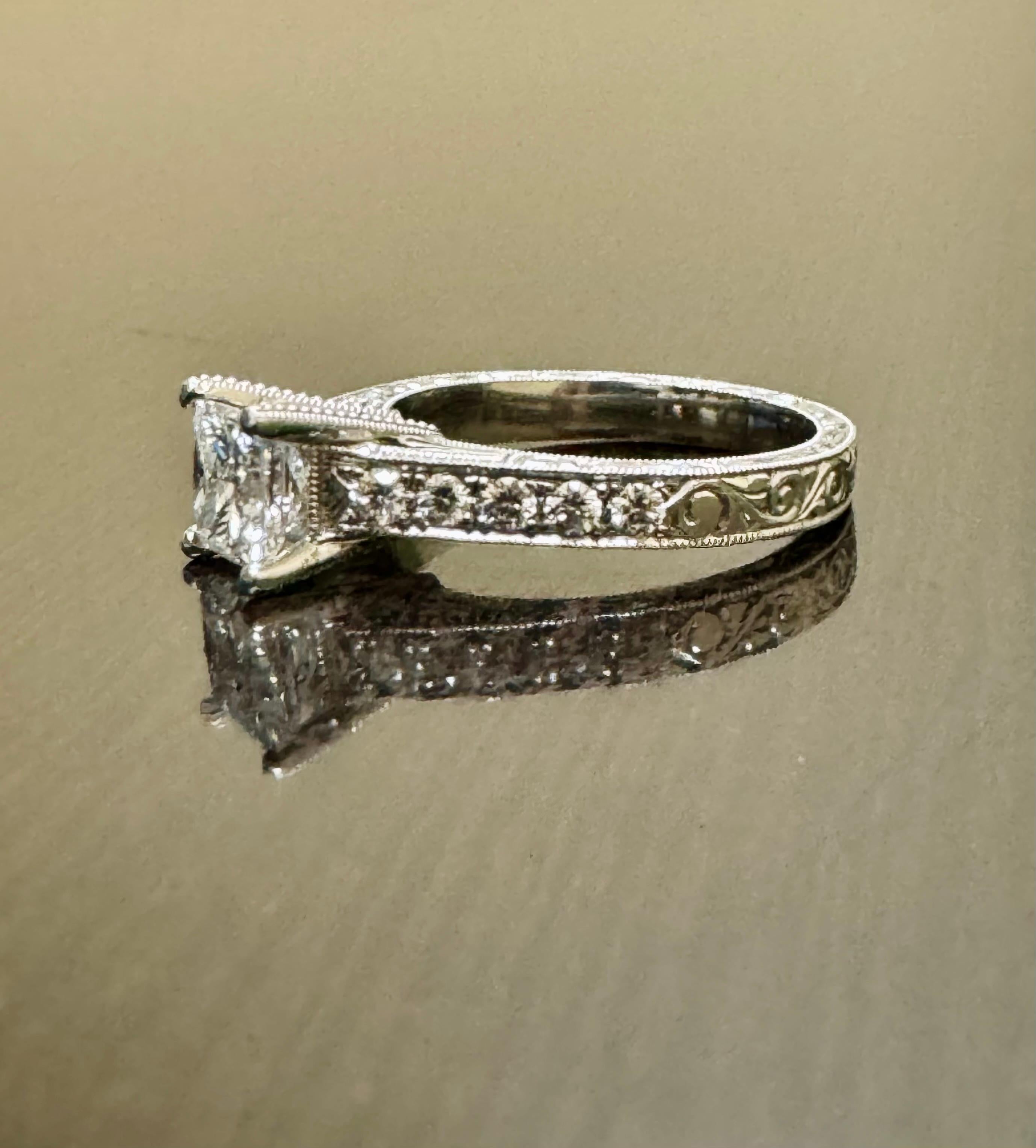 Art Deco Hand Engraved Platinum GIA Princess Cut Diamond Engagement Ring For Sale 10