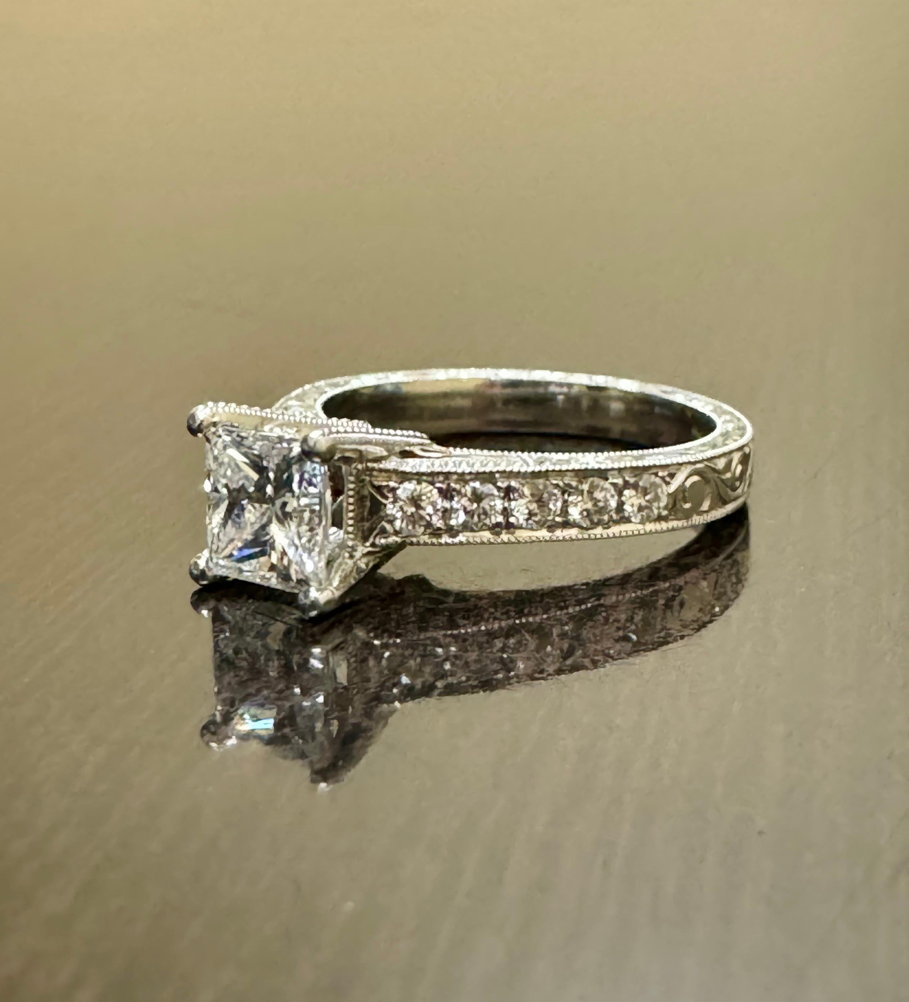 Art Deco Hand Engraved Platinum GIA Princess Cut Diamond Engagement Ring For Sale 11