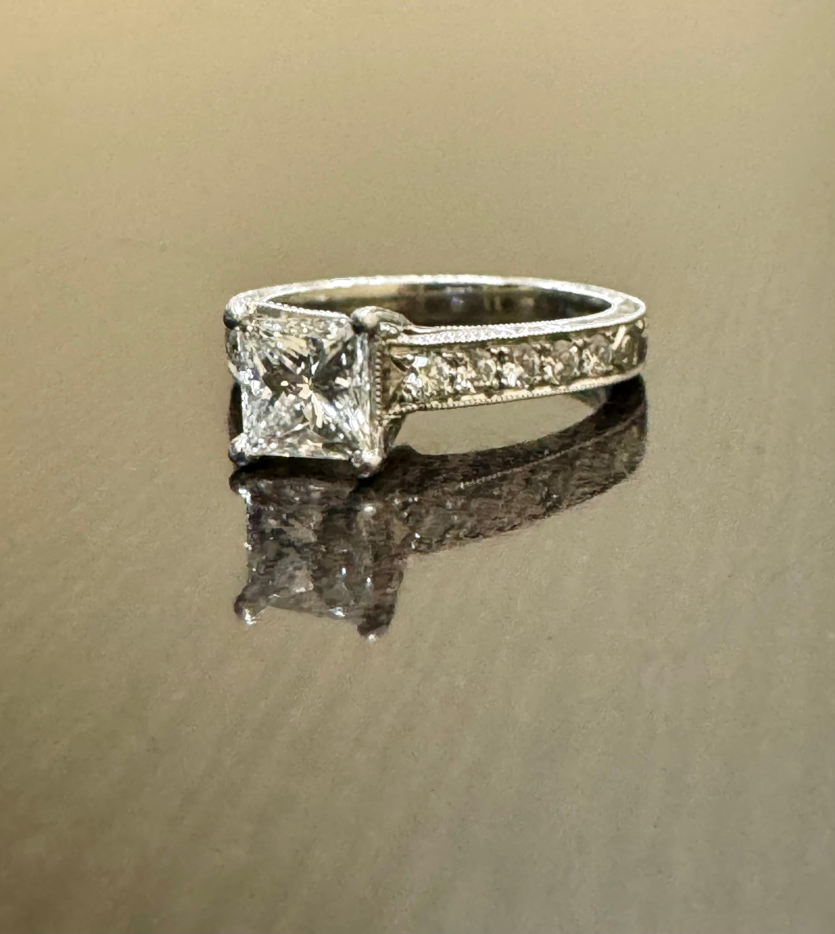 Art Deco Hand Engraved Platinum GIA Princess Cut Diamond Engagement Ring For Sale 12