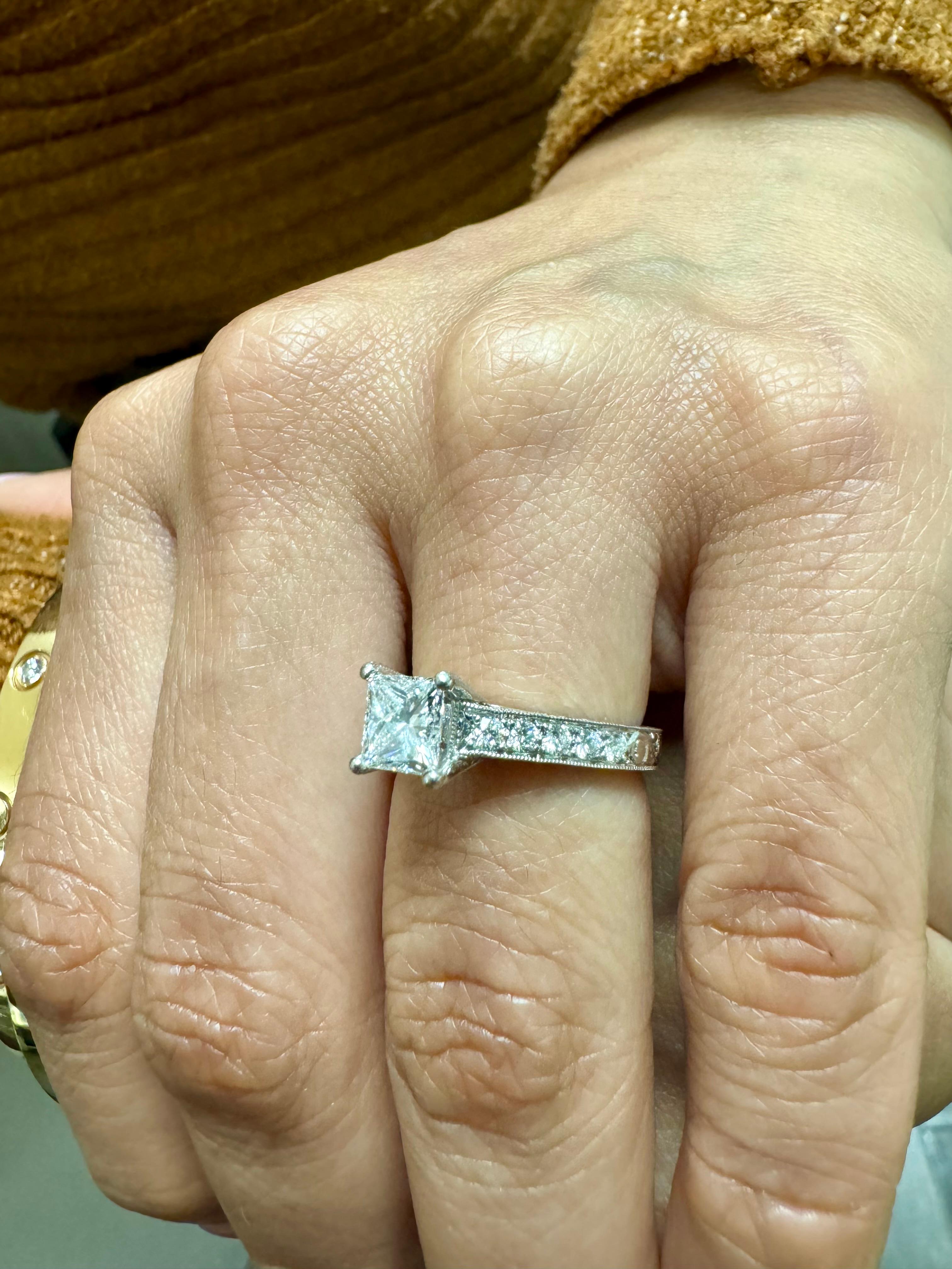 DeKara Designs Collection

Metal- 90% Platinum, 10% Iridium.

DeKara Designs Collection

Metal- 90% Platinum, 10% Iridium.

Stones- GIA Certified Princess Cut Diamond G Color VVS2 1.06 Carats, 10 Round Diamonds F-G Color VS1 Clarity 0.34