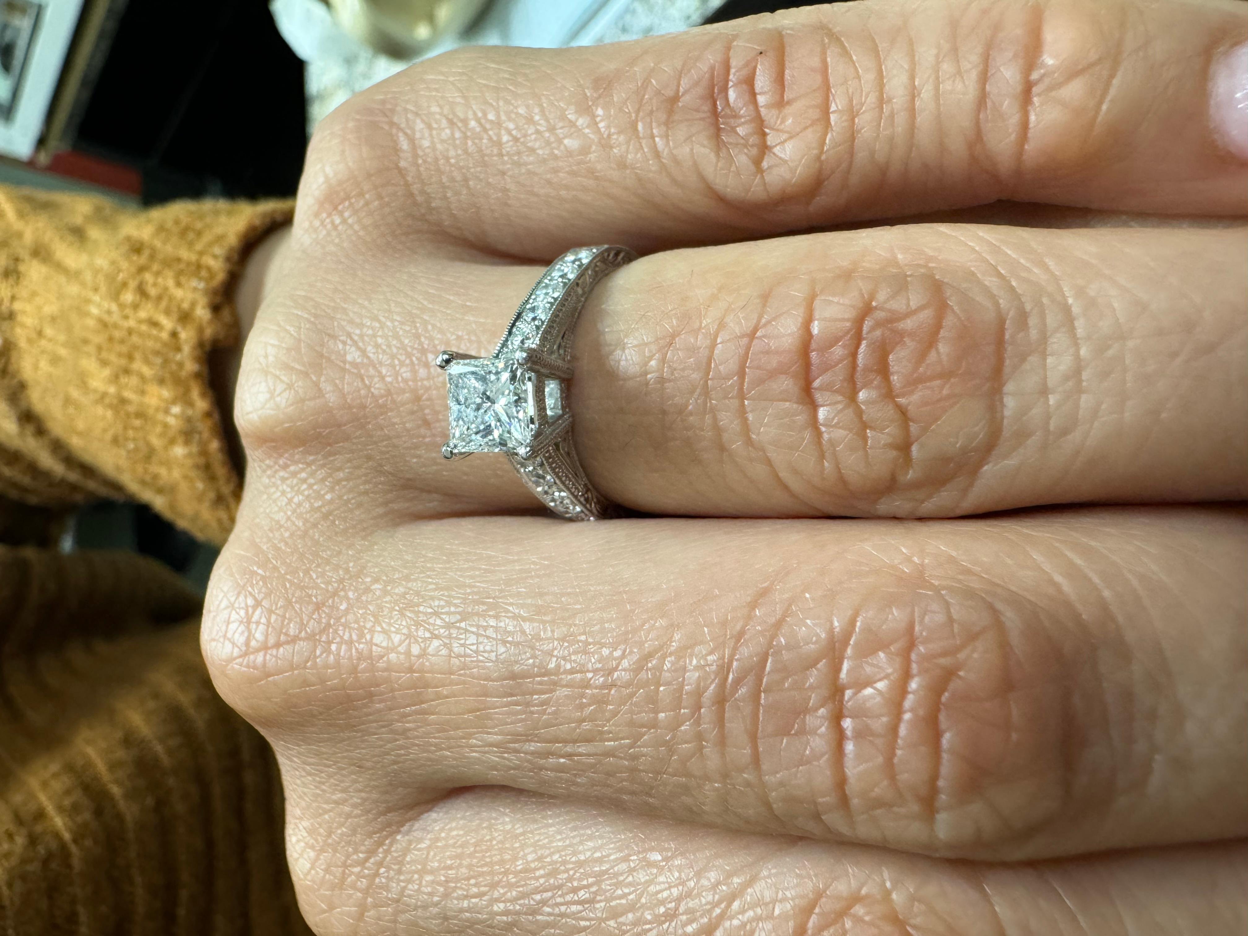 Art Deco Hand Engraved Platinum GIA Princess Cut Diamond Engagement Ring In New Condition For Sale In Los Angeles, CA