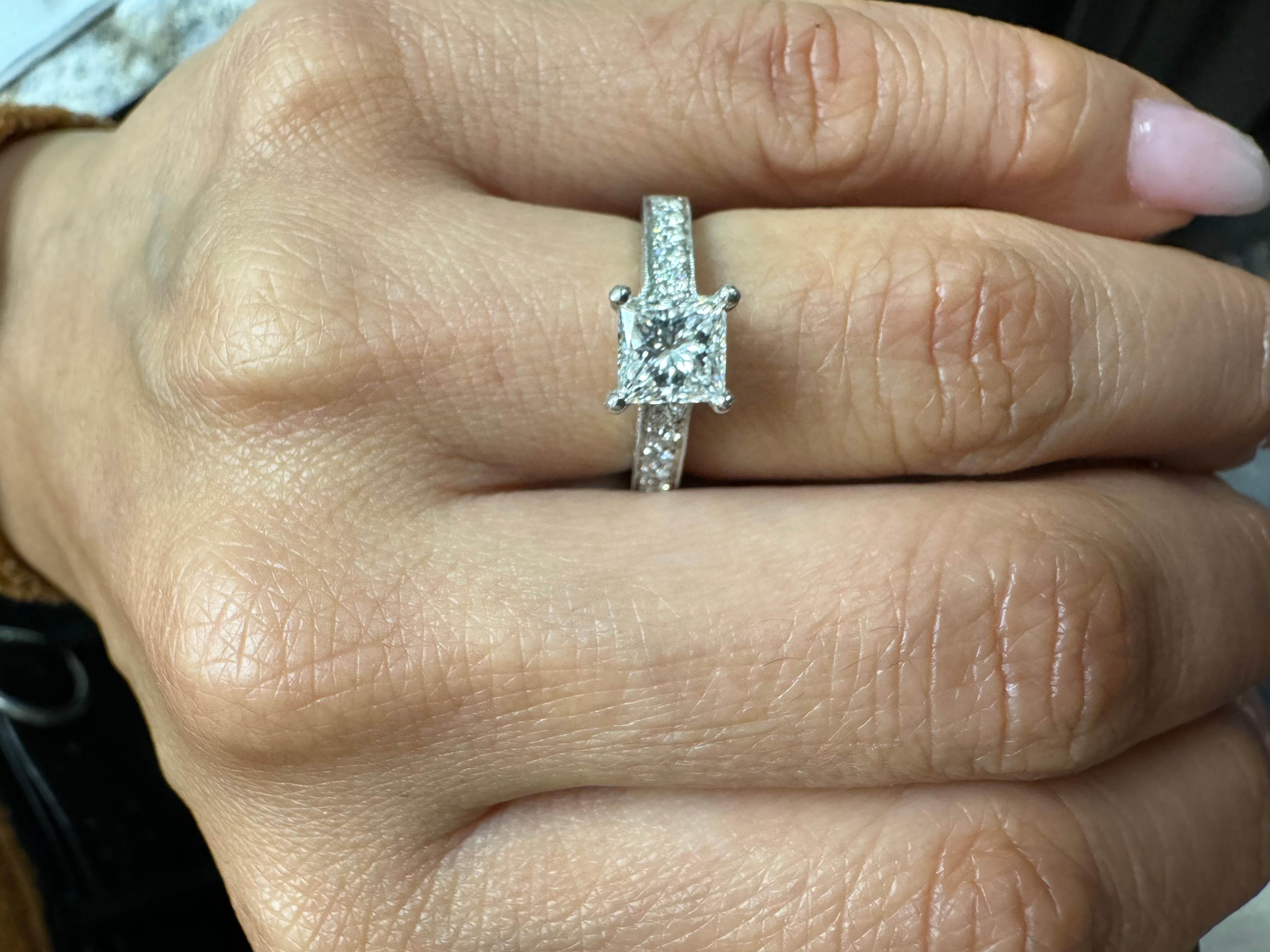 Women's Art Deco Hand Engraved Platinum GIA Princess Cut Diamond Engagement Ring For Sale