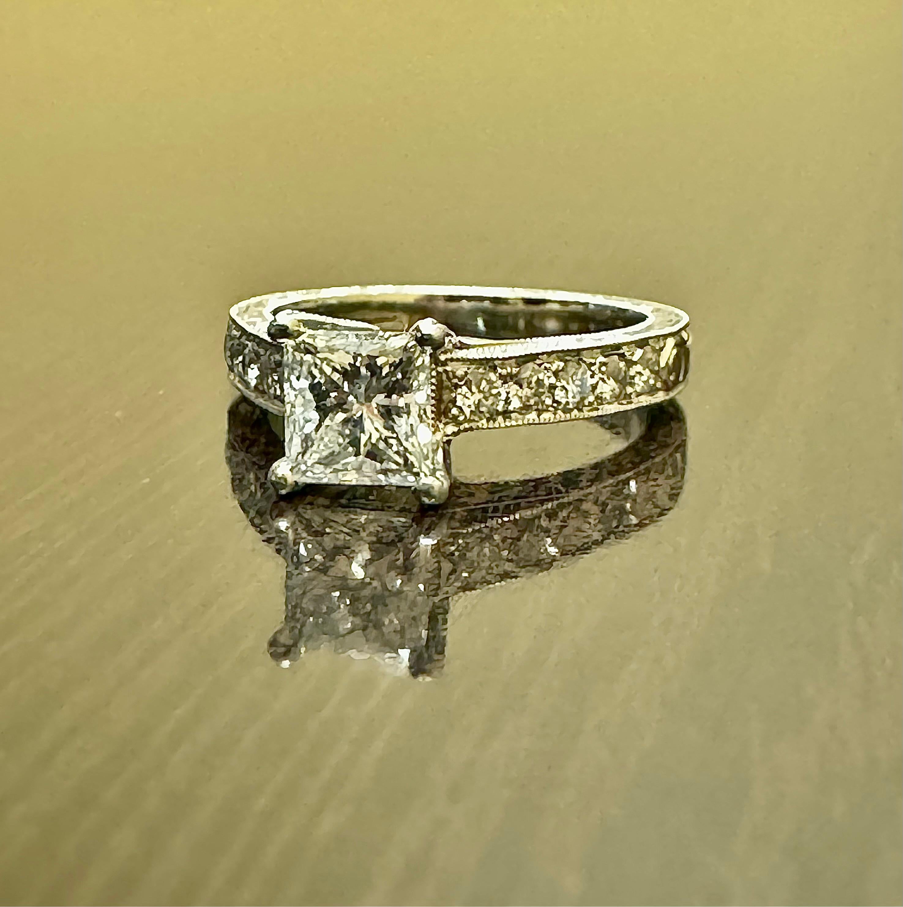 Art Deco Hand Engraved Platinum GIA Princess Cut Diamond Engagement Ring For Sale 1