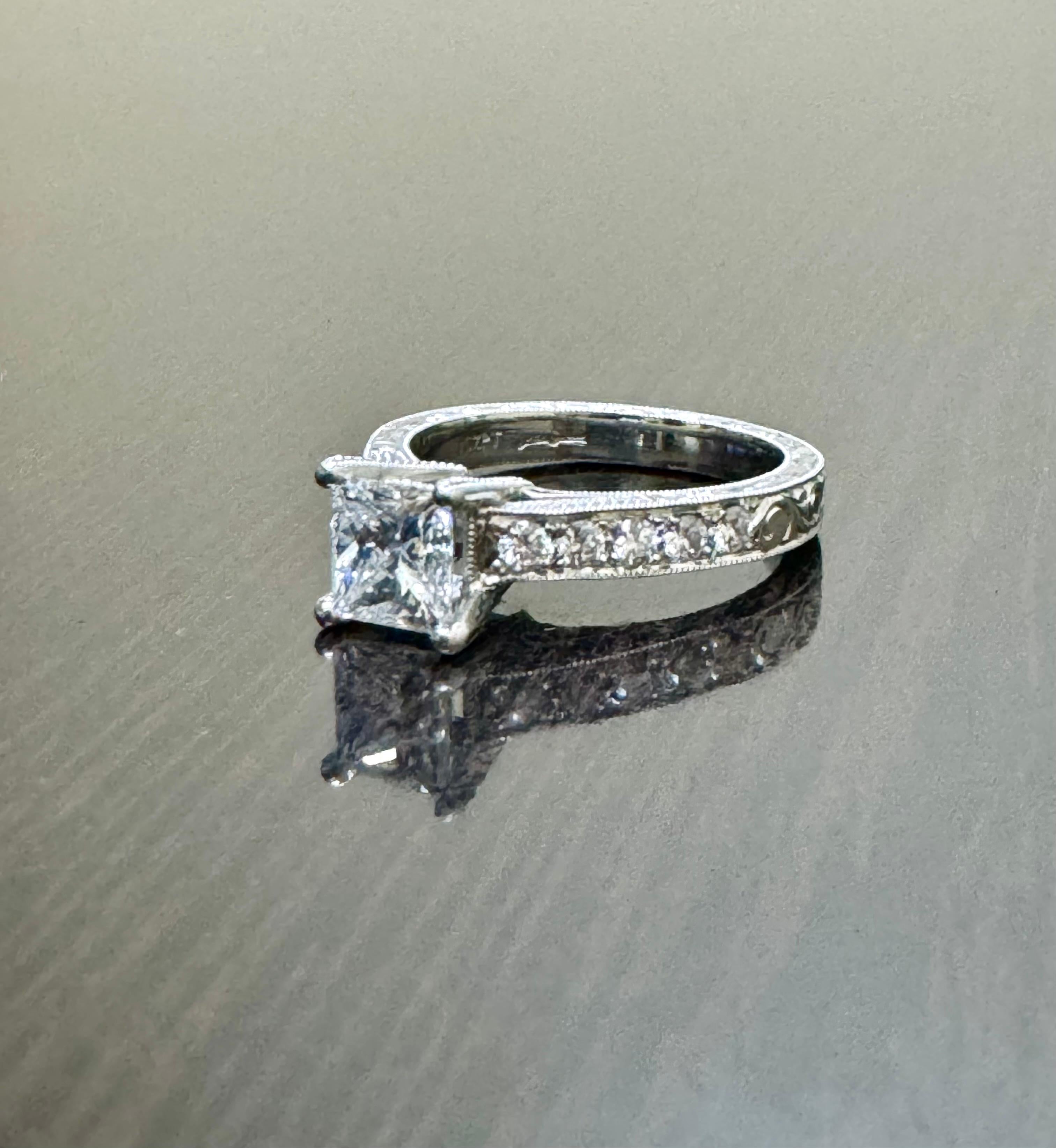 Art Deco Hand Engraved Platinum GIA Princess Cut Diamond Engagement Ring For Sale 2