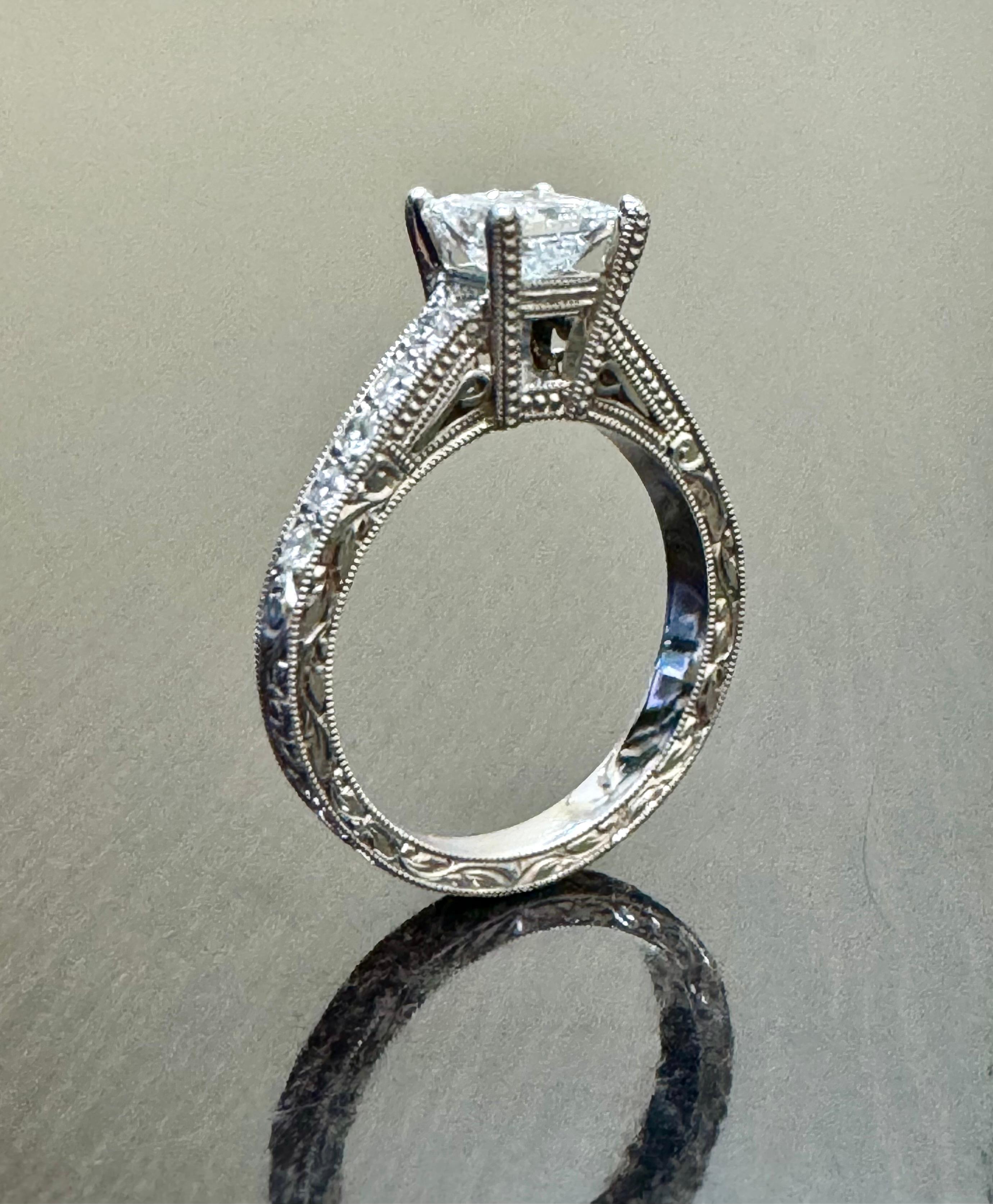 Art Deco Hand Engraved Platinum GIA Princess Cut Diamond Engagement Ring For Sale 4