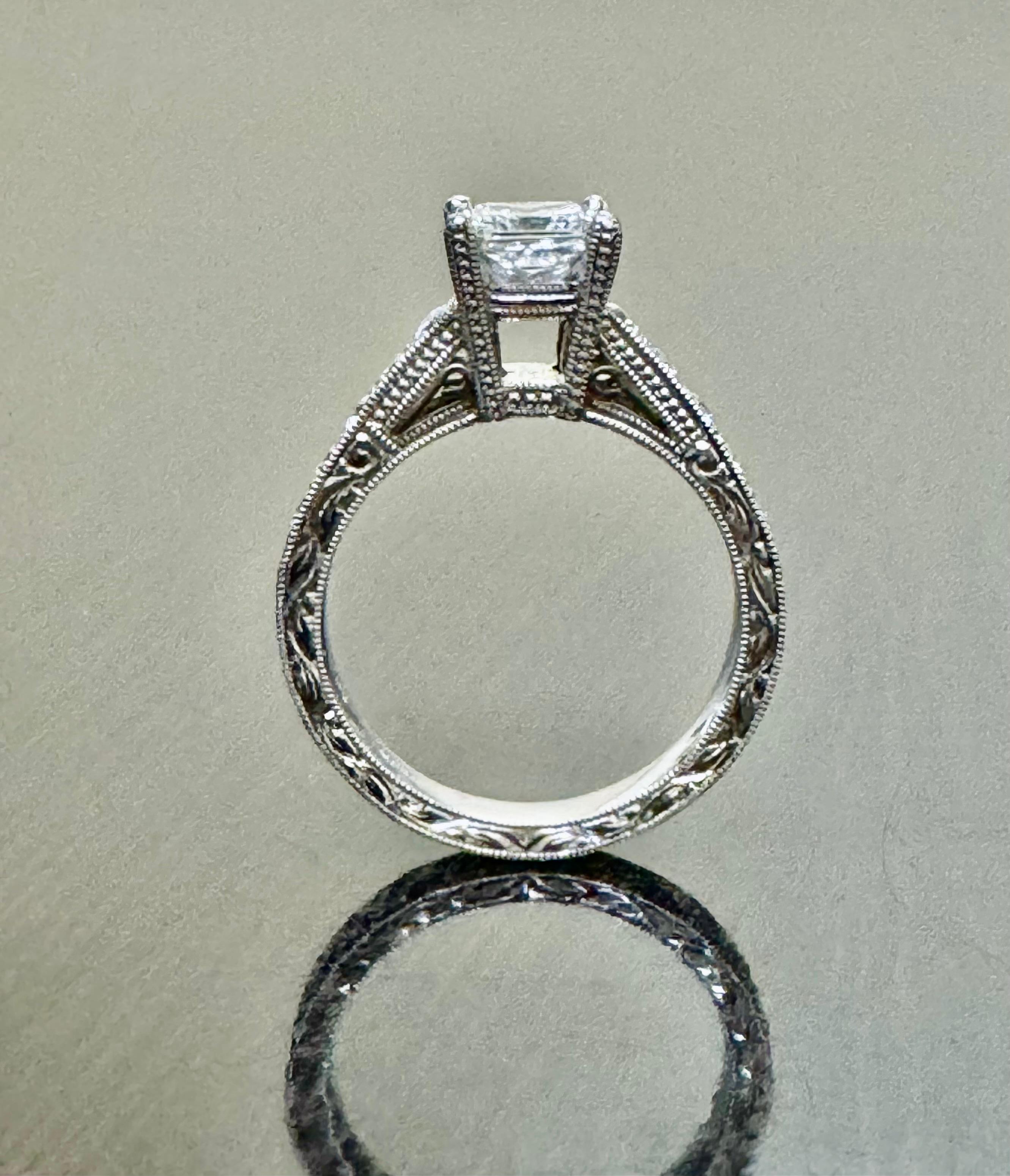 Art Deco Hand Engraved Platinum GIA Princess Cut Diamond Engagement Ring For Sale 5