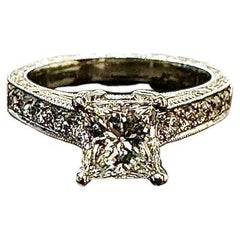 Art Deco Hand Engraved Platinum GIA Princess Cut Diamond Engagement Ring